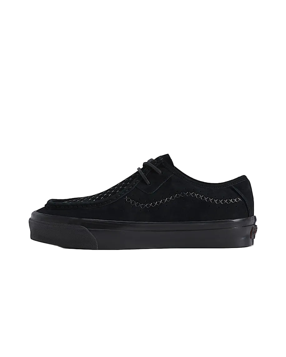 Vans Premium SF Moc Low Shoes in Crafted Black, featuring a premium nubuck leather upper, moccasin-inspired stitching, rawhide-style laces, signature Vans Sidestripe, and vulcanized waffle outsole.