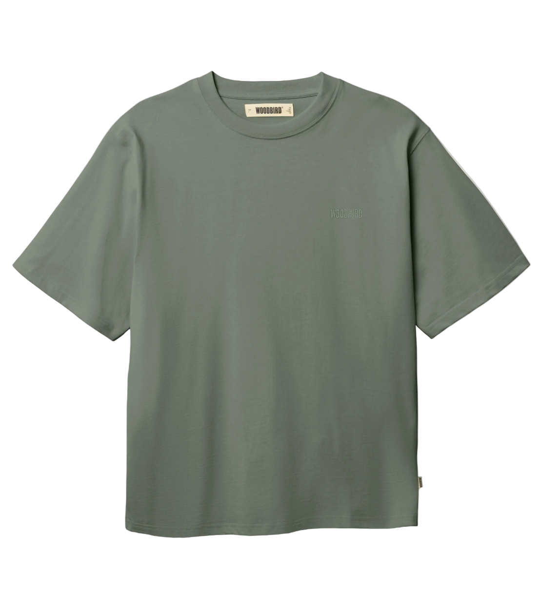 Green t-shirt with a small logo on a light gray background