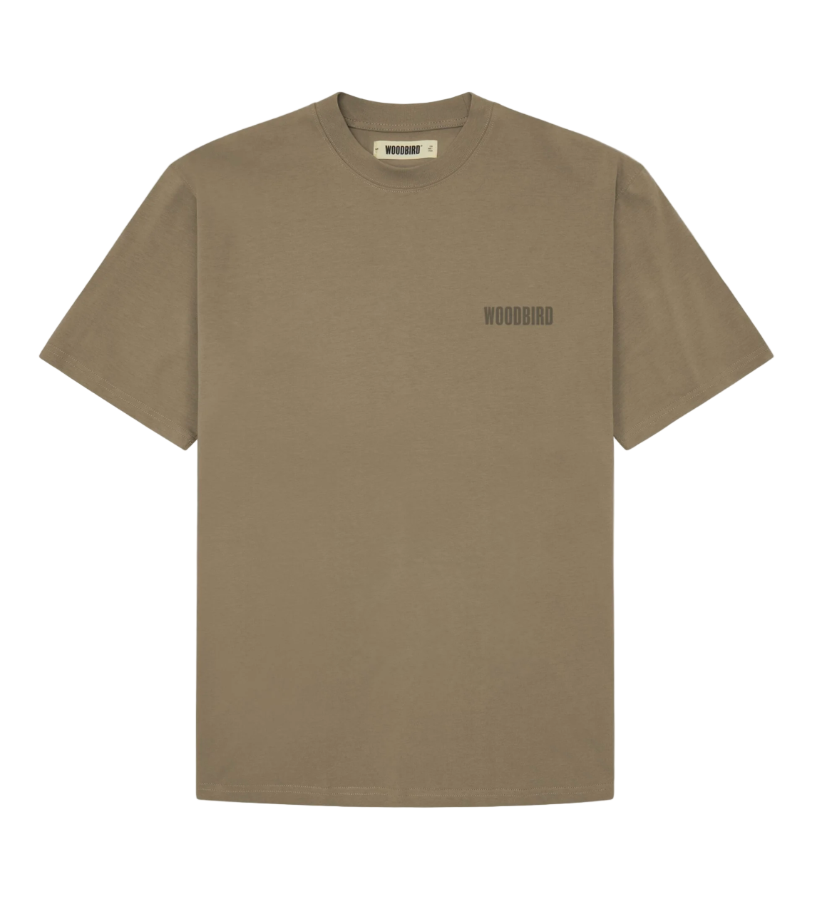 Khaki t-shirt with a logo on a light gray background