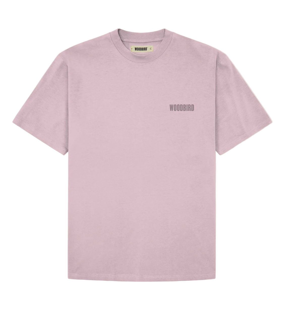 Pink t-shirt with a brand logo on a white background