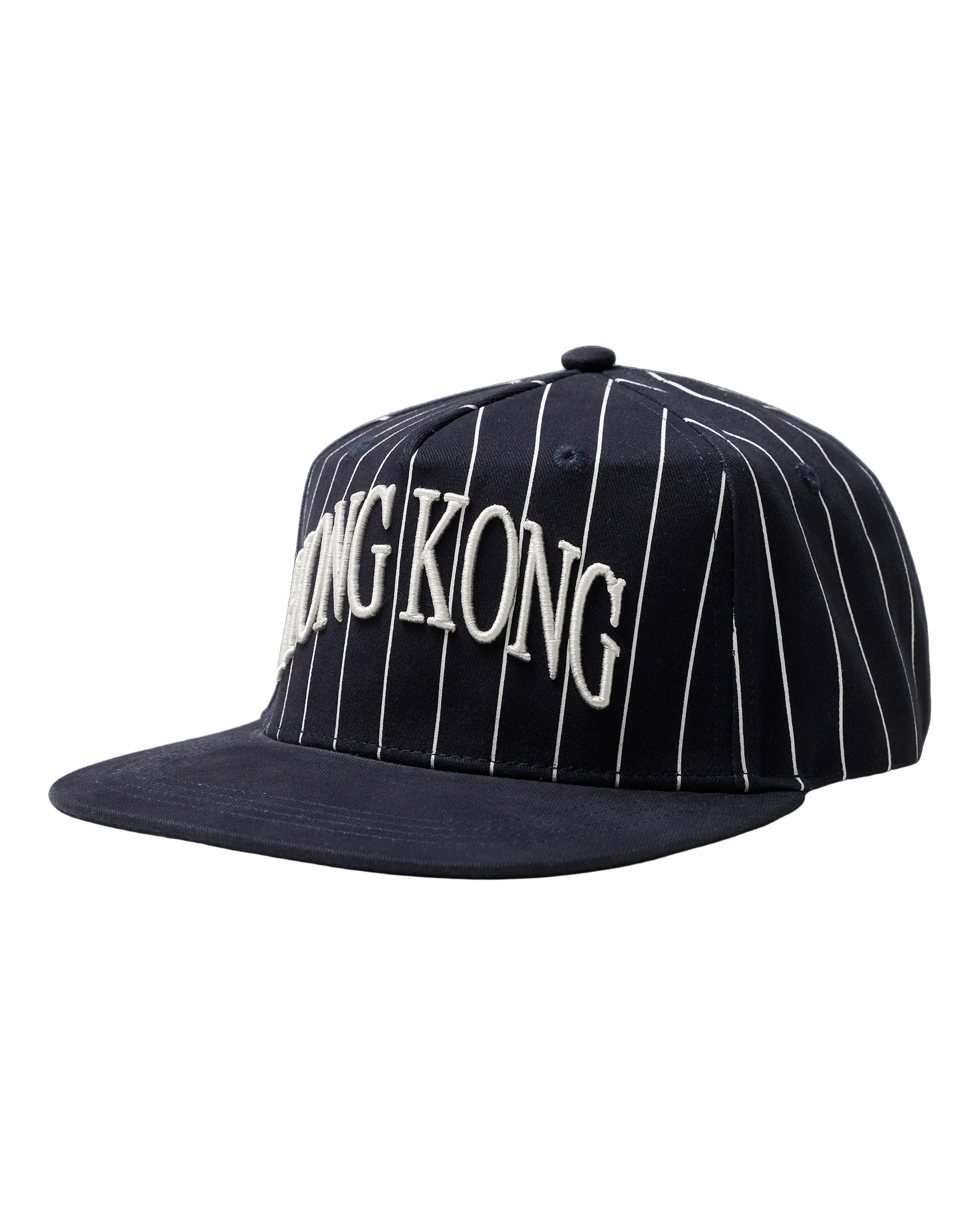 Woodbird WBChuck Stripe HK Cap in Navy/White, featuring cotton pinstripe fabric, a flat brim, embroidered front logo, reinforced panels, and adjustable snapback closure.
