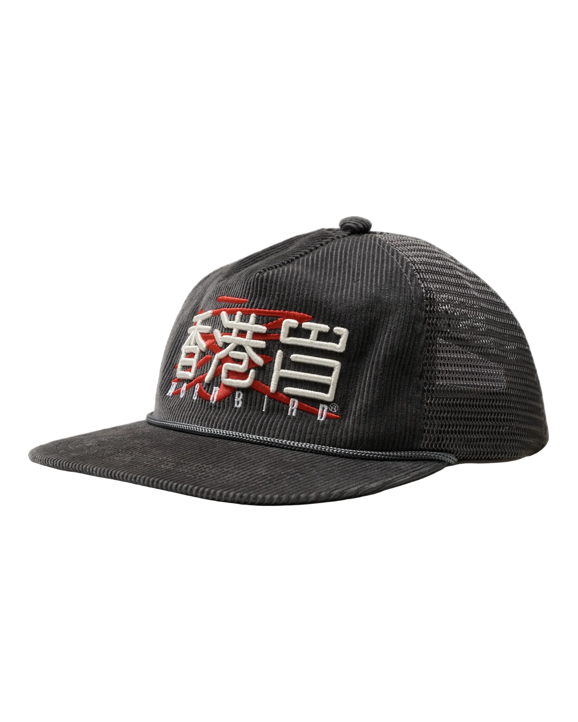Woodbird WBChuck Trucker HK Cap in Grey, featuring corduroy front panels, embroidered front artwork, a brim, and breathable mesh back panels.