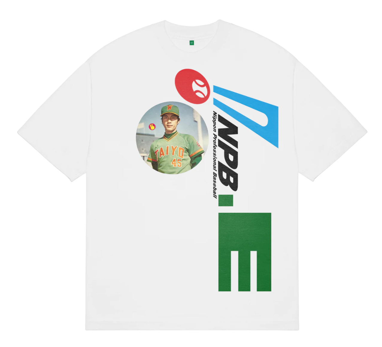 A white short-sleeve t-shirt with a large graphic print on the front. The design features a circular photo of a baseball player in a green uniform, a red baseball with a white baseball bat, vertical black text reading 'NPB', a blue diagonal graphic, and a green block at the bottom.