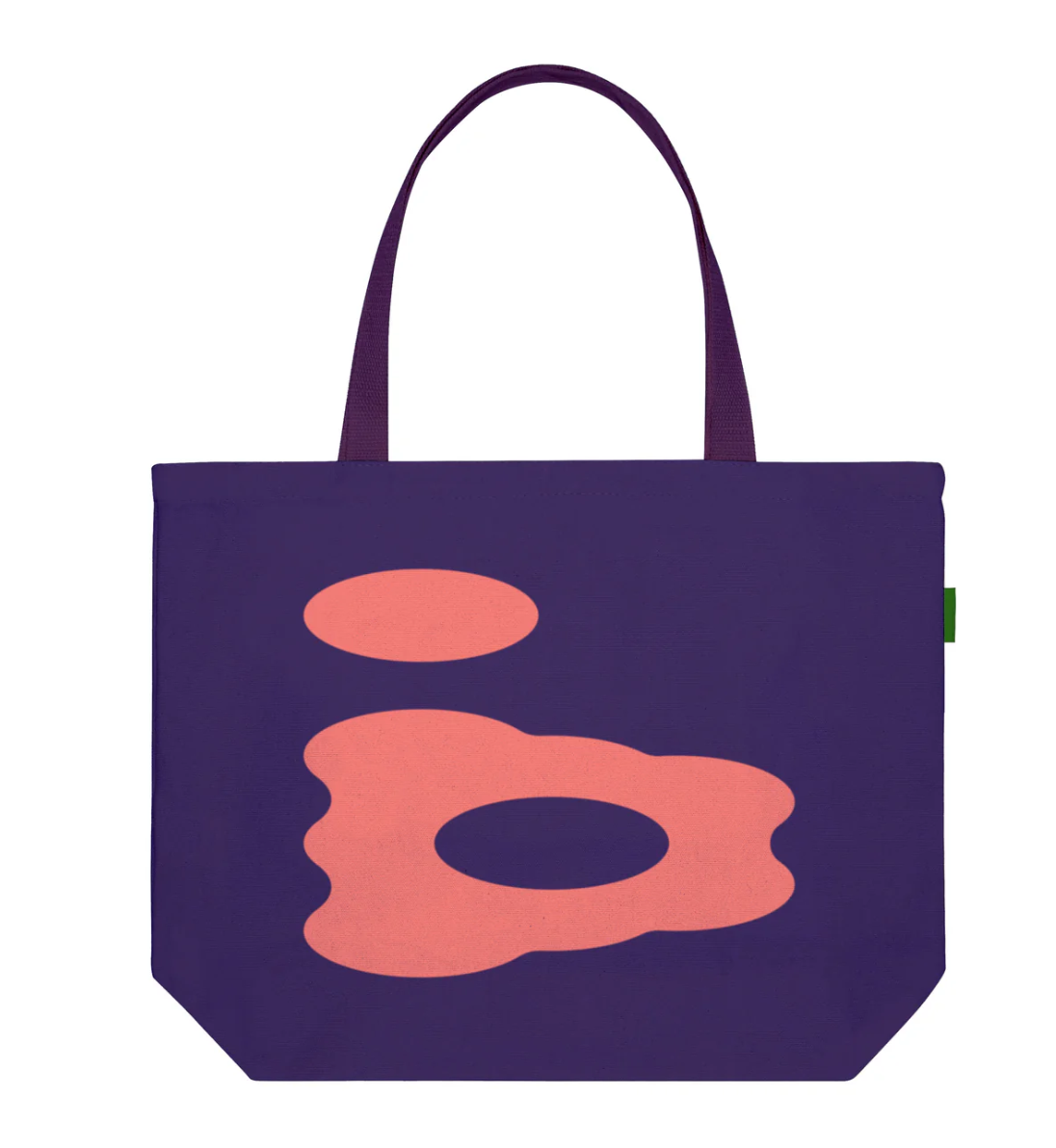 purple tote bag with salmon color graphic printed on both sides of the bag. internal pocket for keys. woven label on side of bag. 