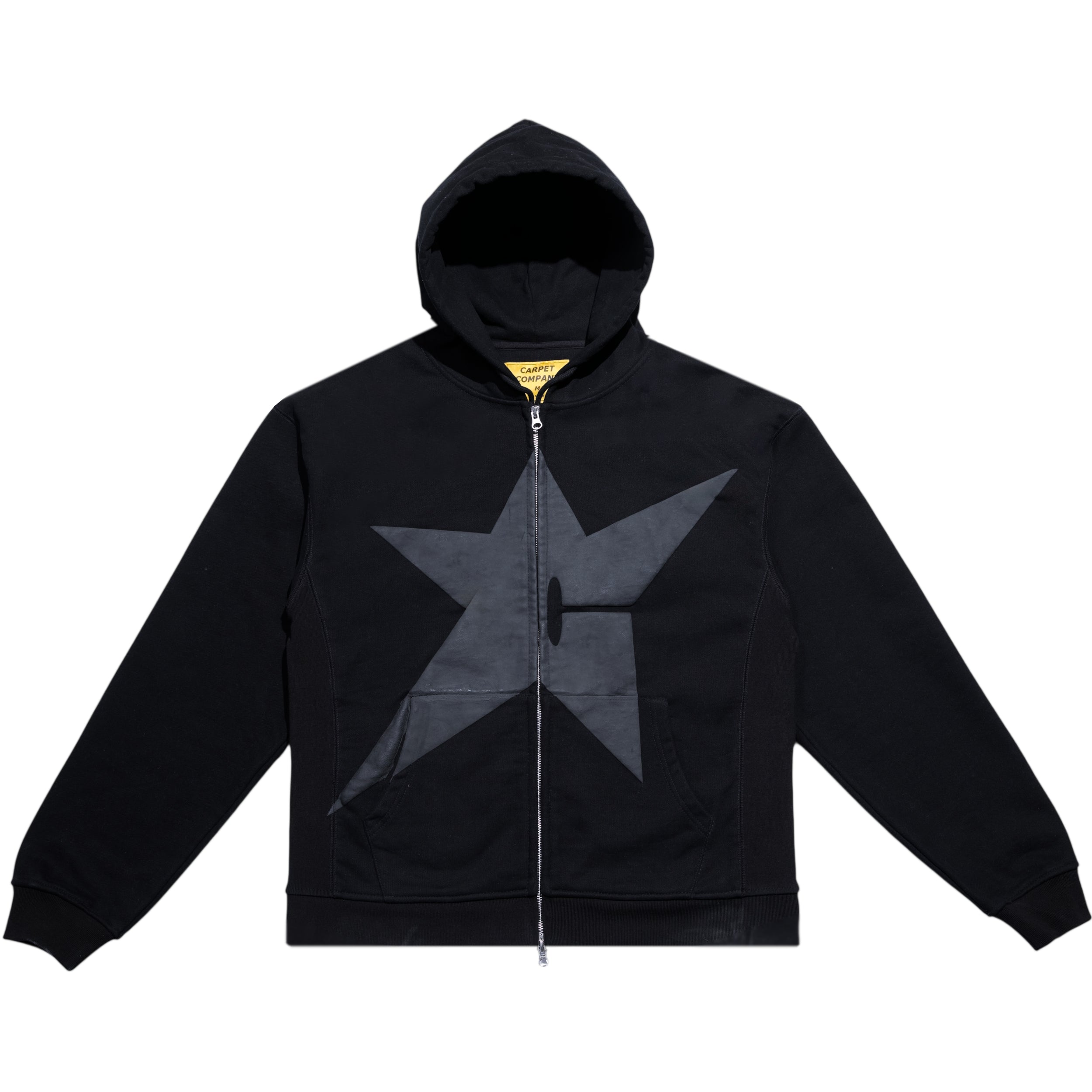 Black hoodie with a star design on a white background