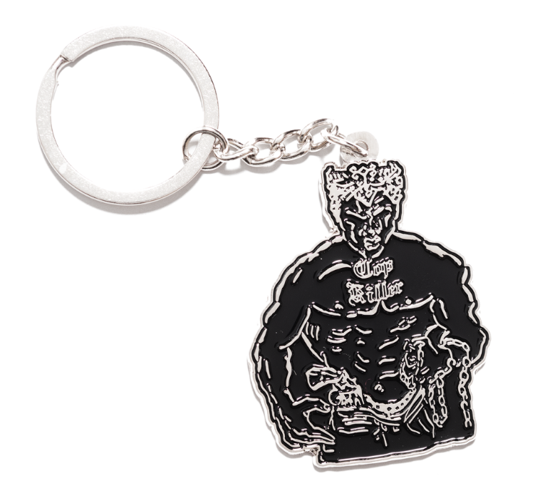Keychain with a black and white design on a white background