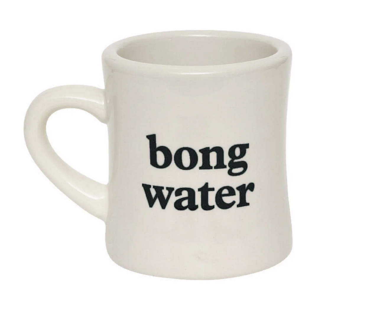 White mug with 'bong water' text on a white background