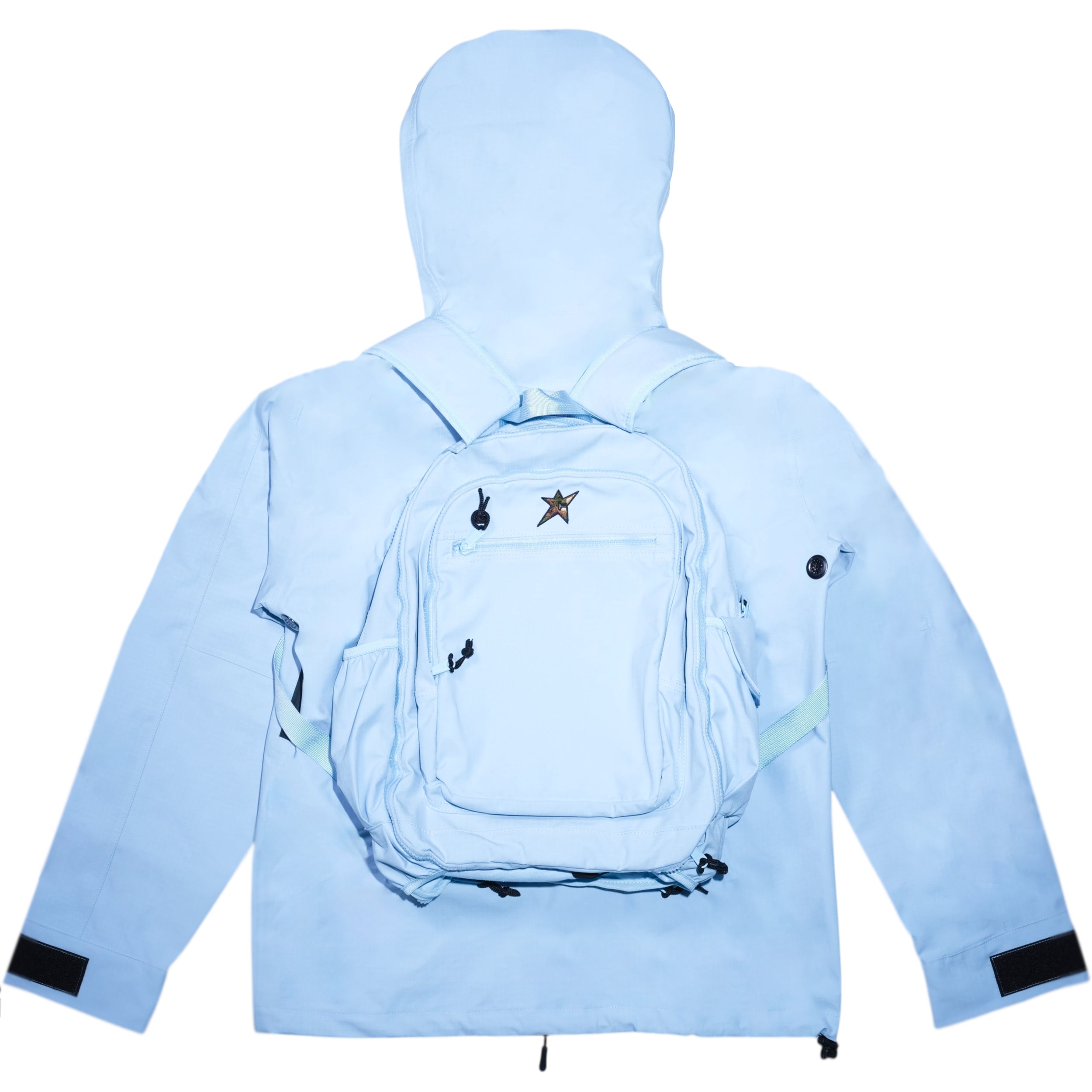 Light blue jacket with a backpack on a white background