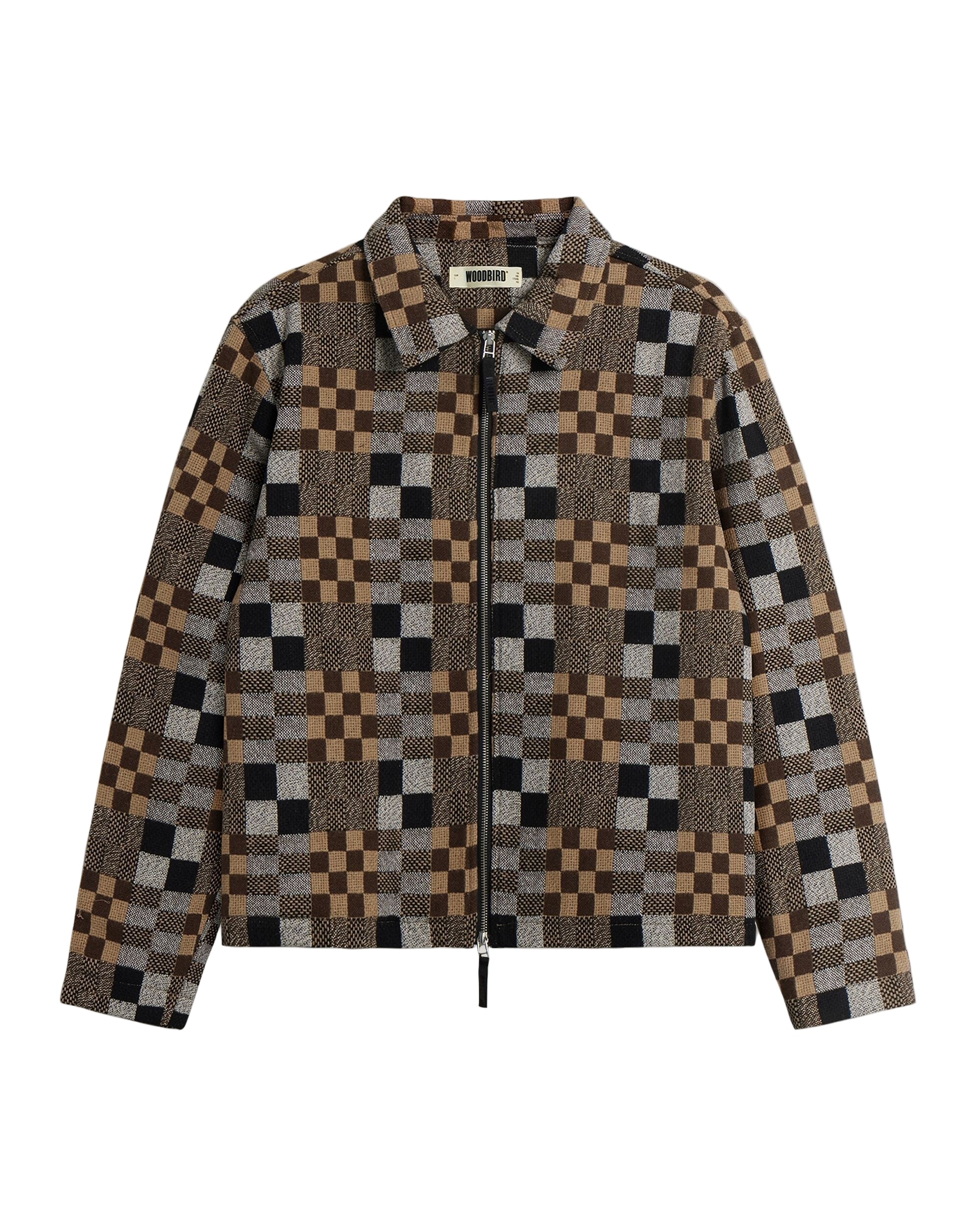 Checkered jacket with a pattern of brown, black, and beige on a light gray background