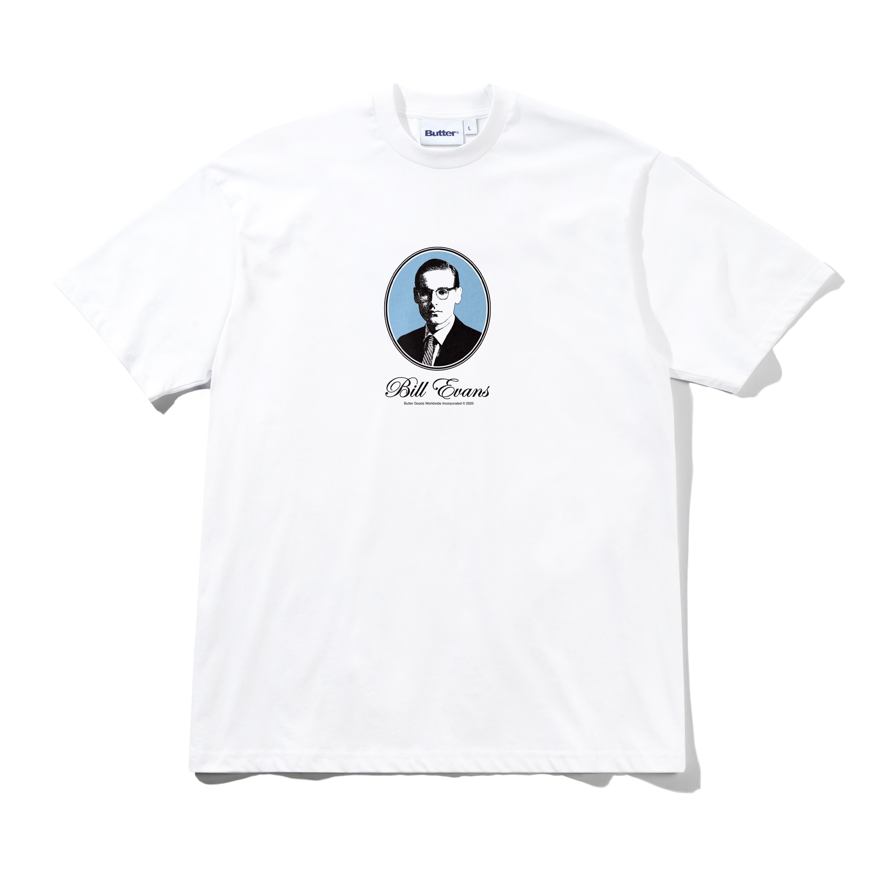 White t-shirt with a graphic of a man's portrait and 'Bill Evans' text on a white background