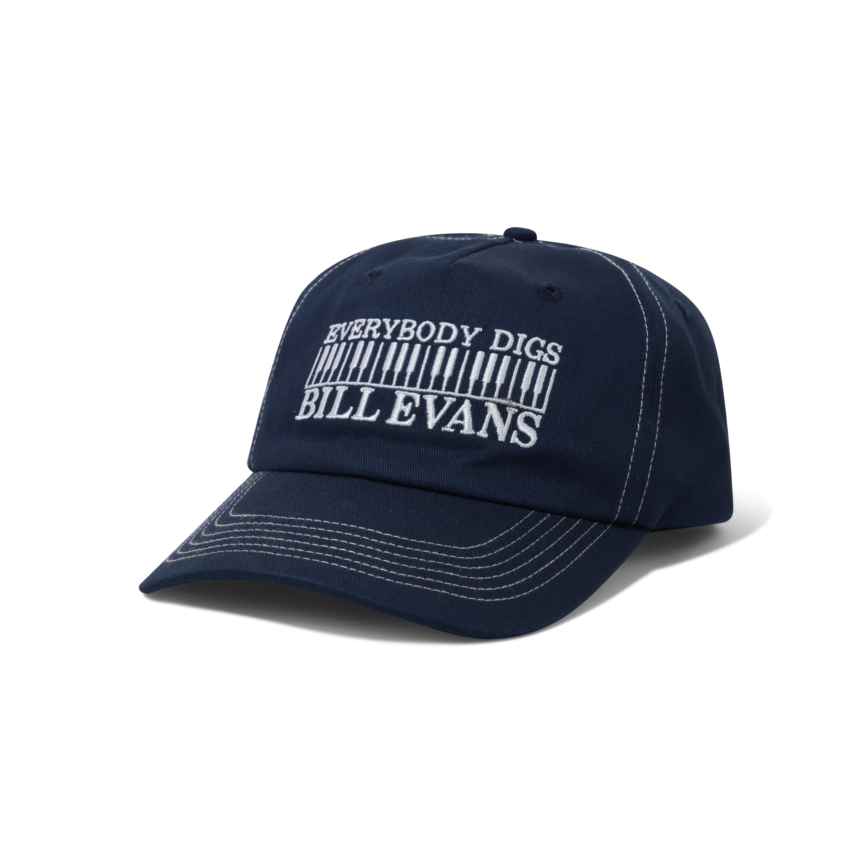 Navy blue cap with white text on a white background