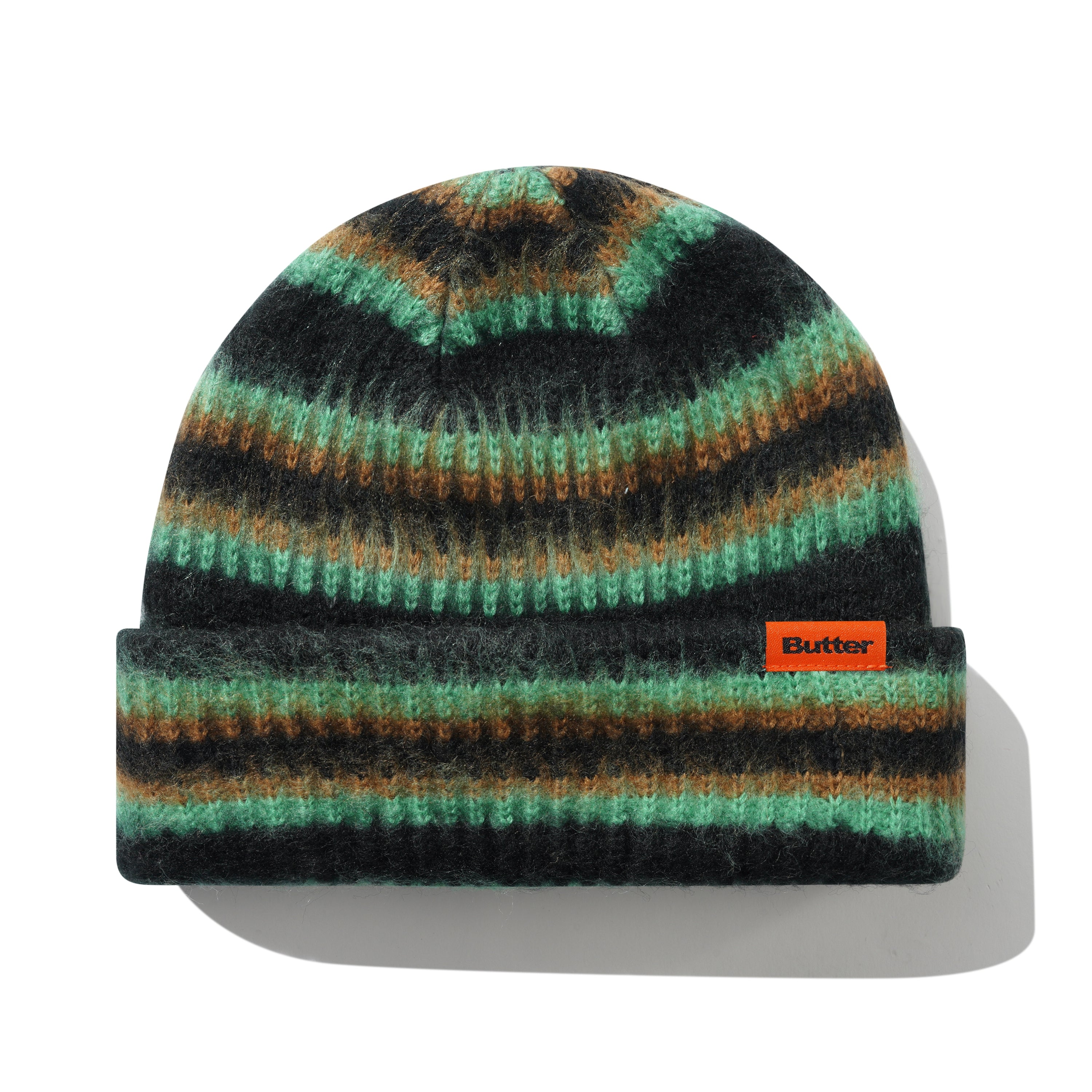 Striped knit beanie with a brand logo on a white background