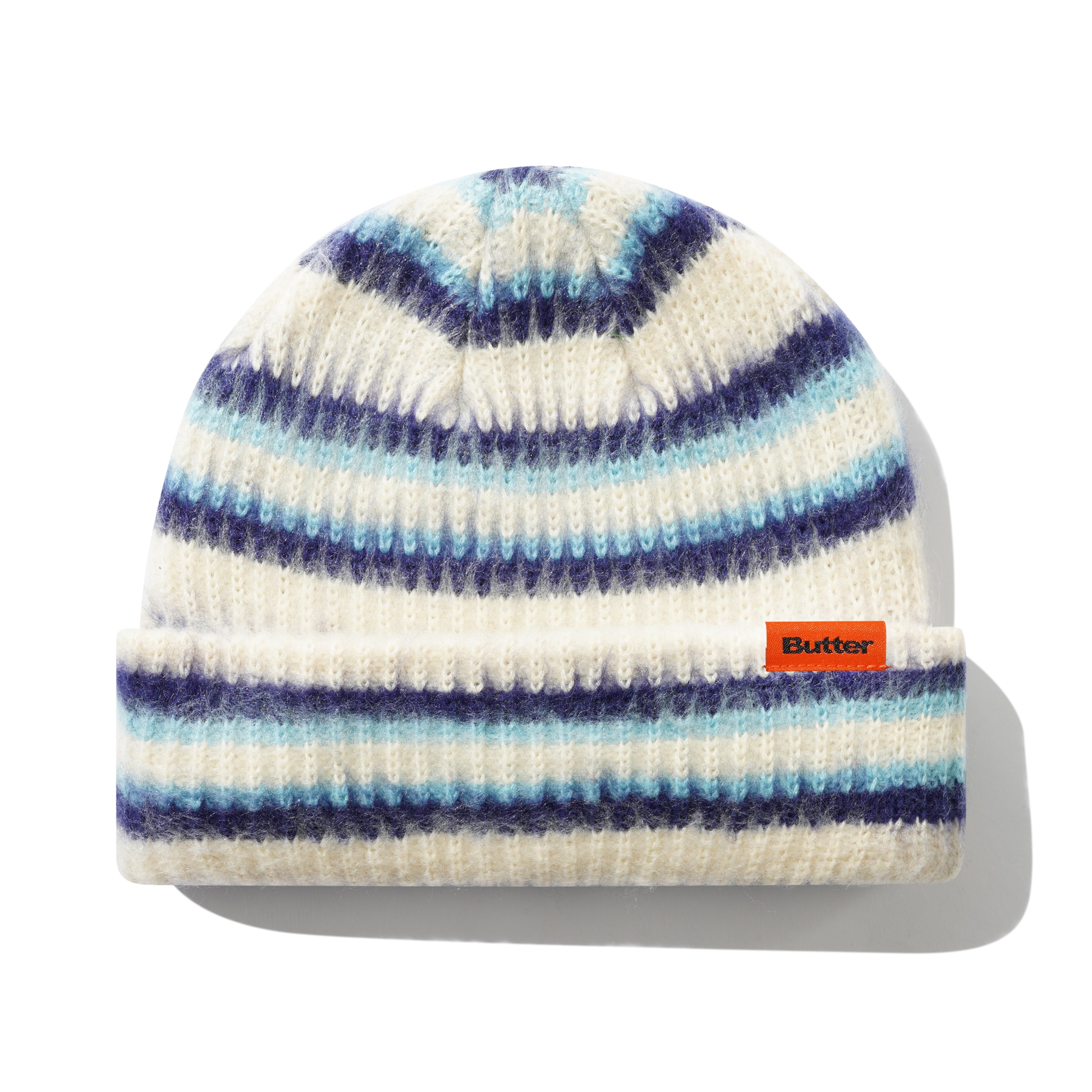 Striped beanie with a visible brand logo on a white background