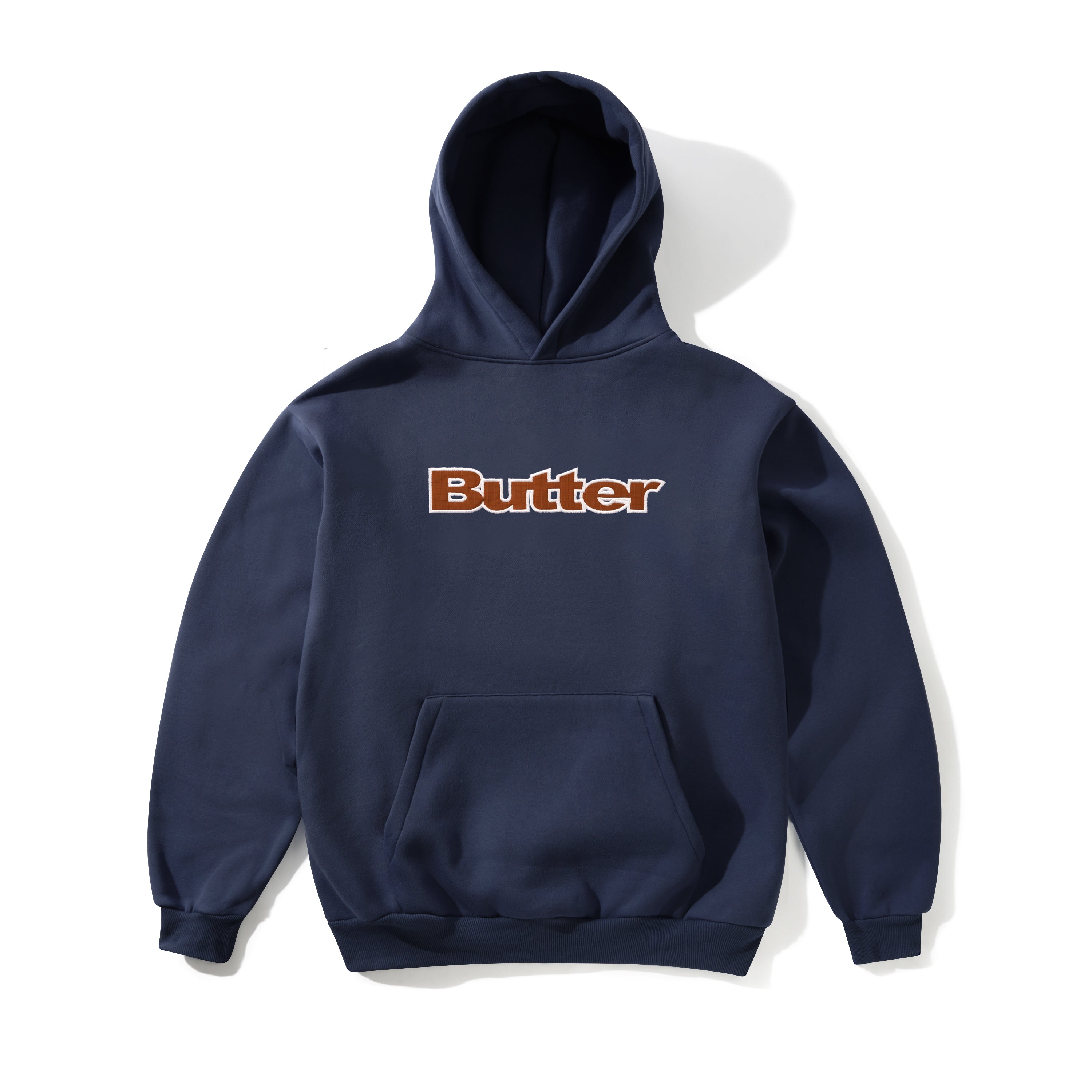 Navy blue hoodie with 'Butter' logo on a white background
