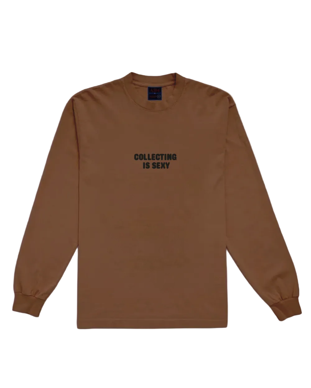 Brown long-sleeve shirt with text on a beige background