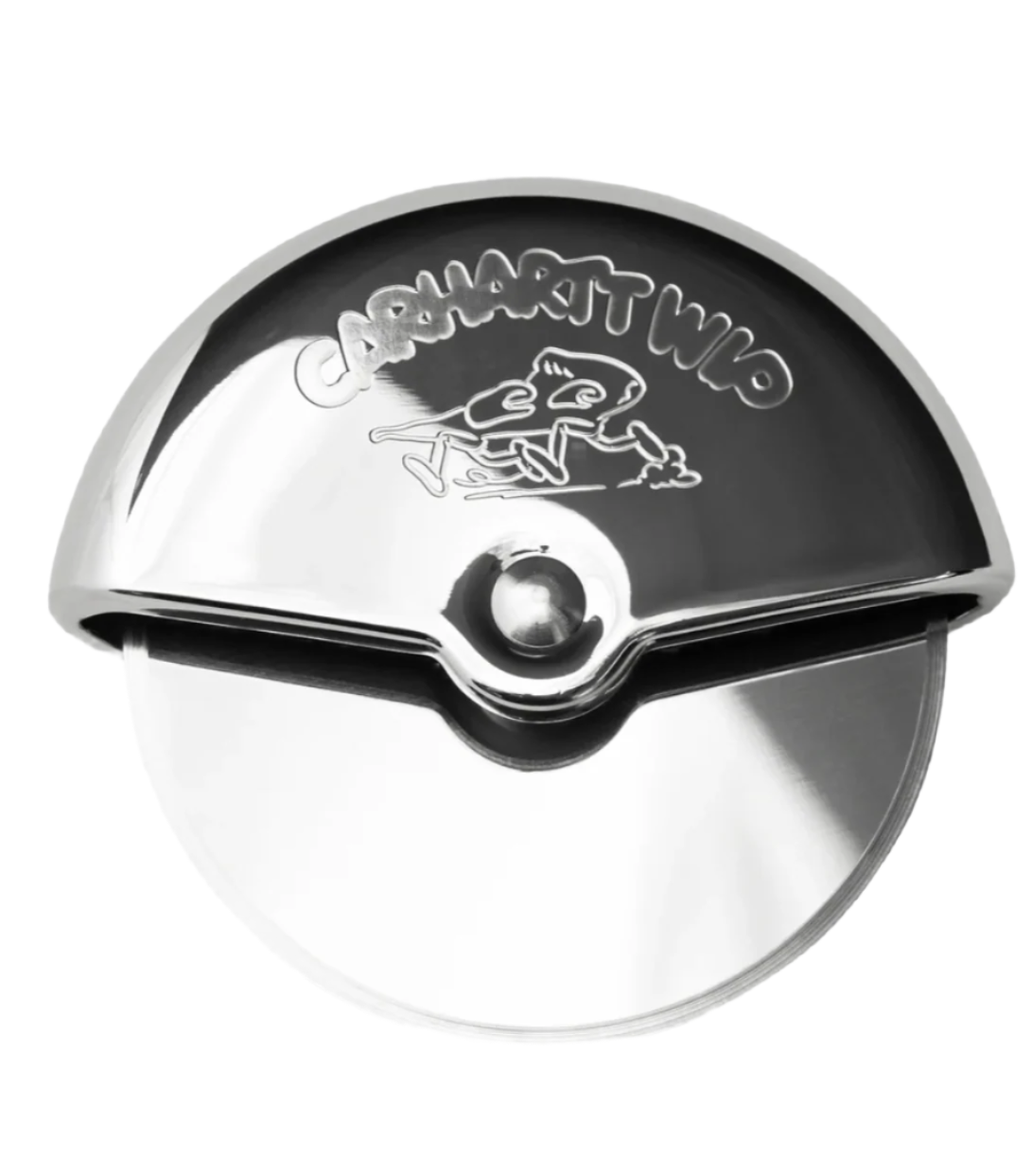 Crescent pizza cutter with a brand logo on a white background