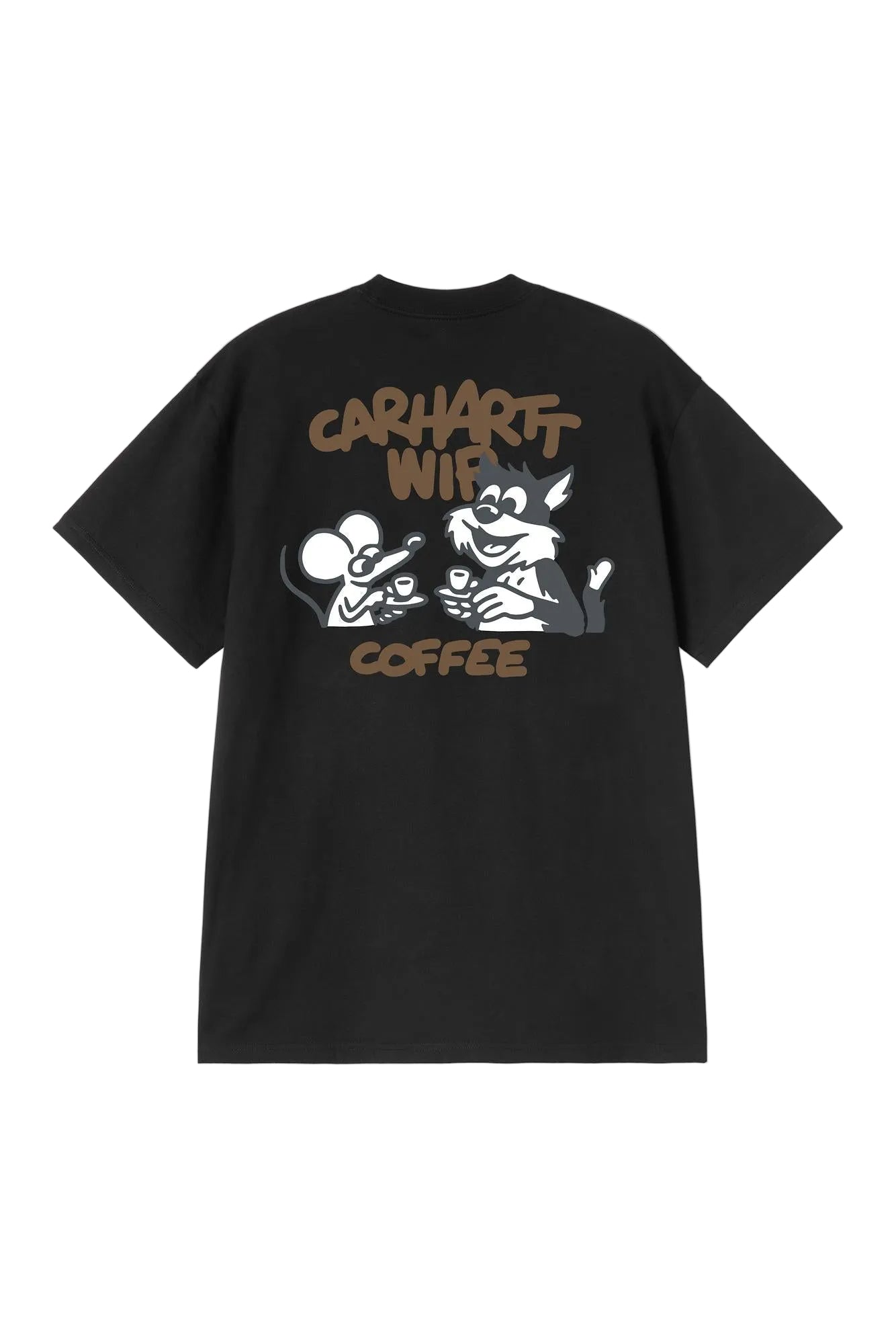 Black t-shirt with graphic design and text on a white background