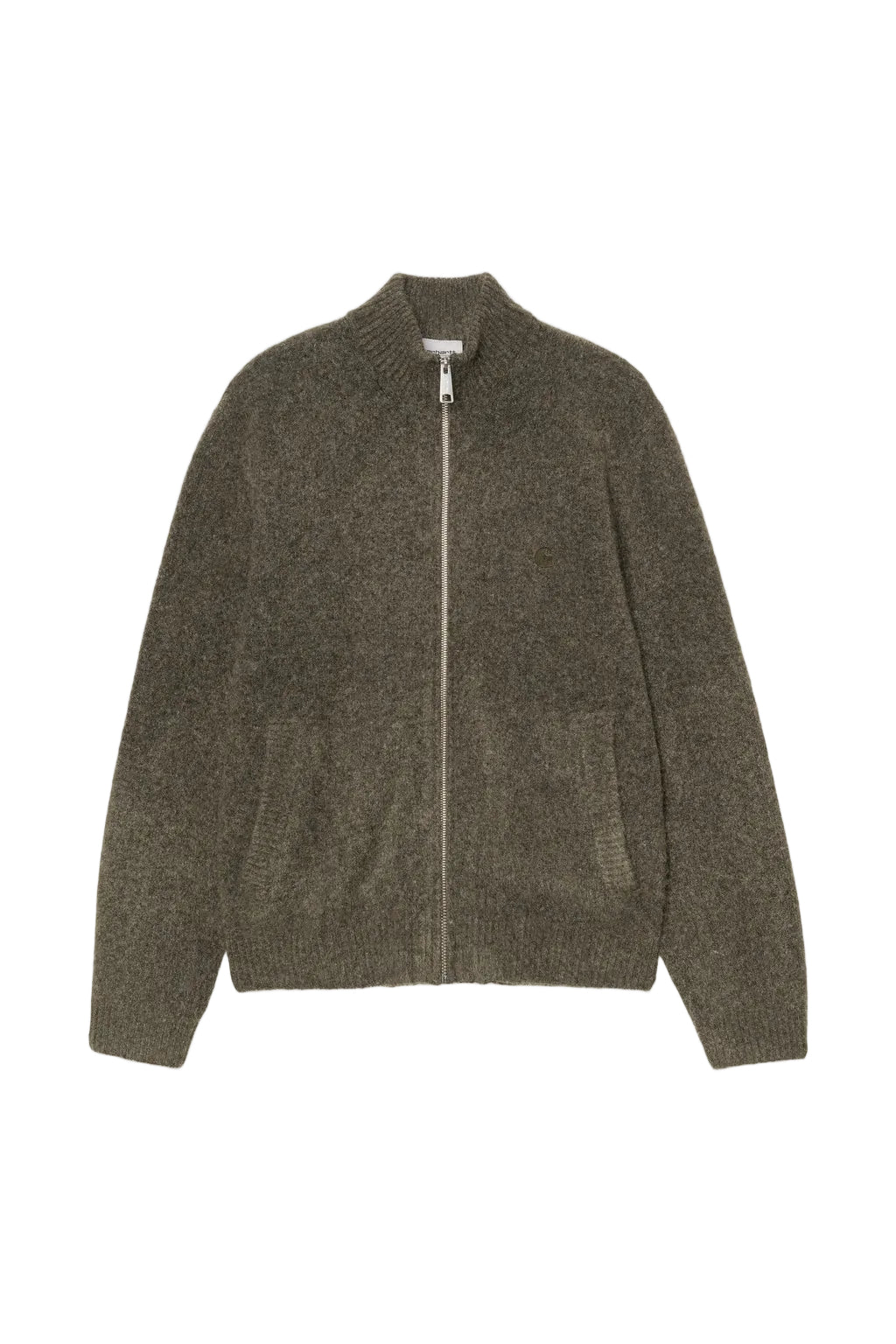 curtis sweater jacket by carhartt wip in shungite. soft to the touch. double zipper closure. two slit/welt pockets 