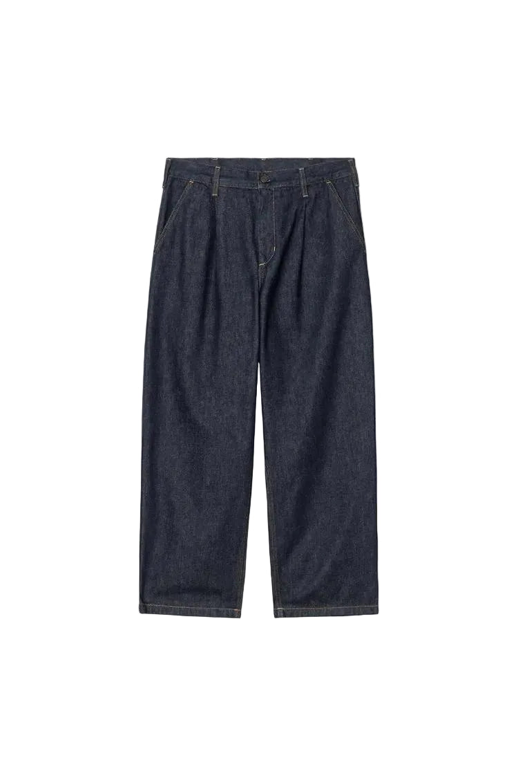 carhartt wip jace pant in blue rinsed denim with single pleat on the front. think a chino pant but made in denim. 