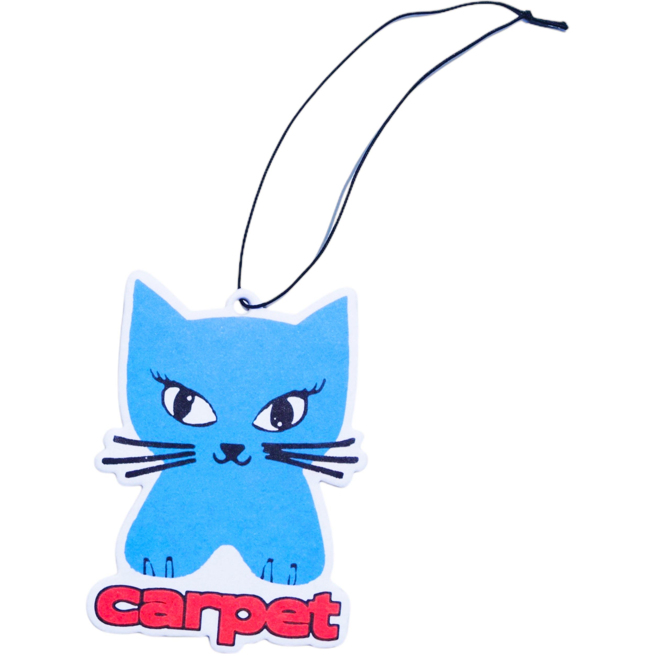 Blue cat-shaped air freshener with 'carpet' text on a white background