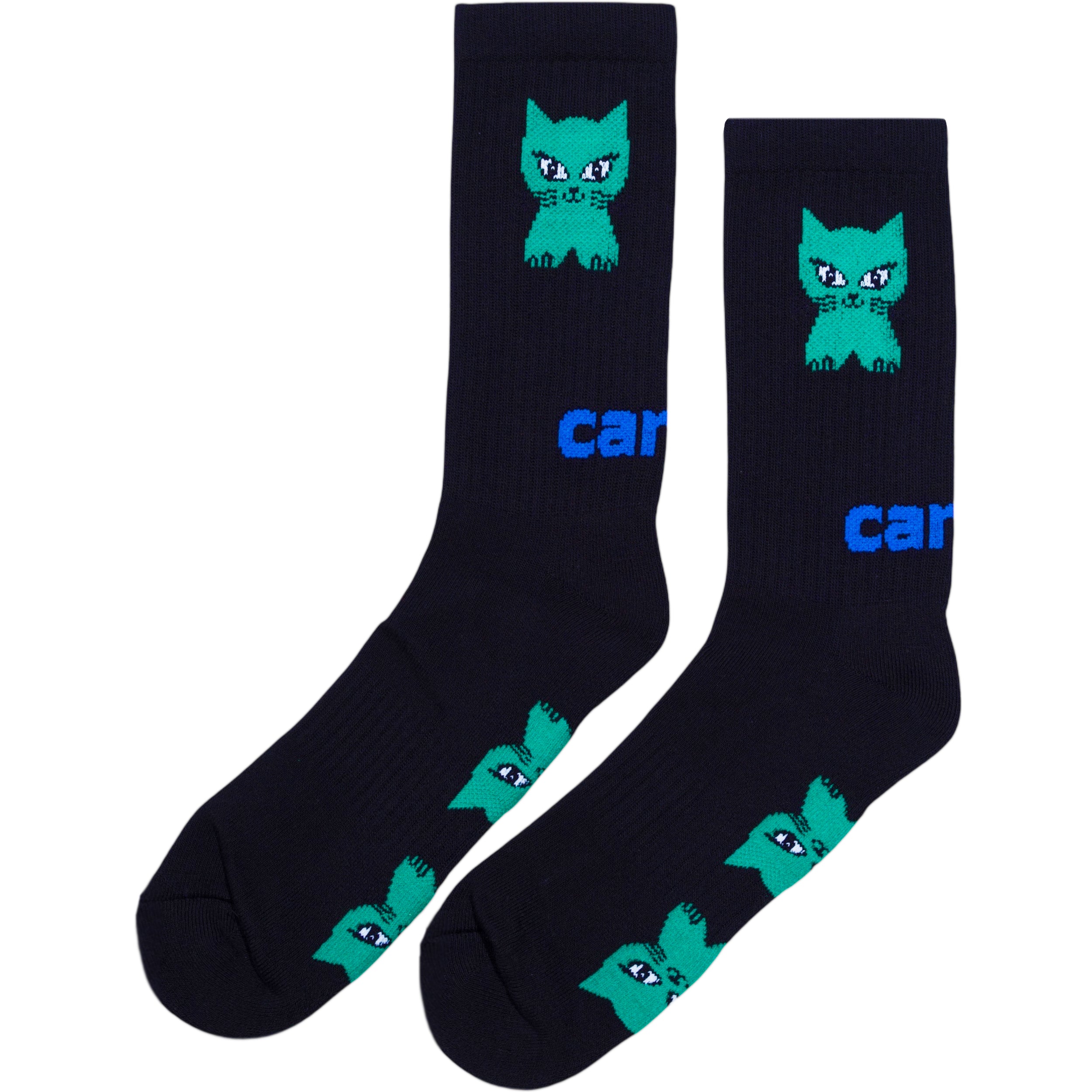 Black socks with teal cat illustrations and 'car' text on a white background
