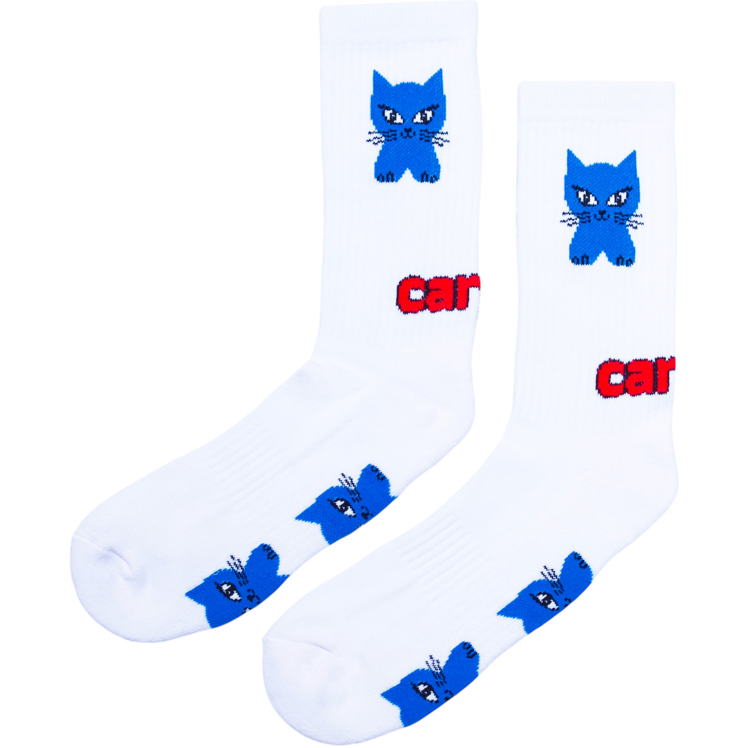 White socks with blue cat faces and red 'car' text on a white background