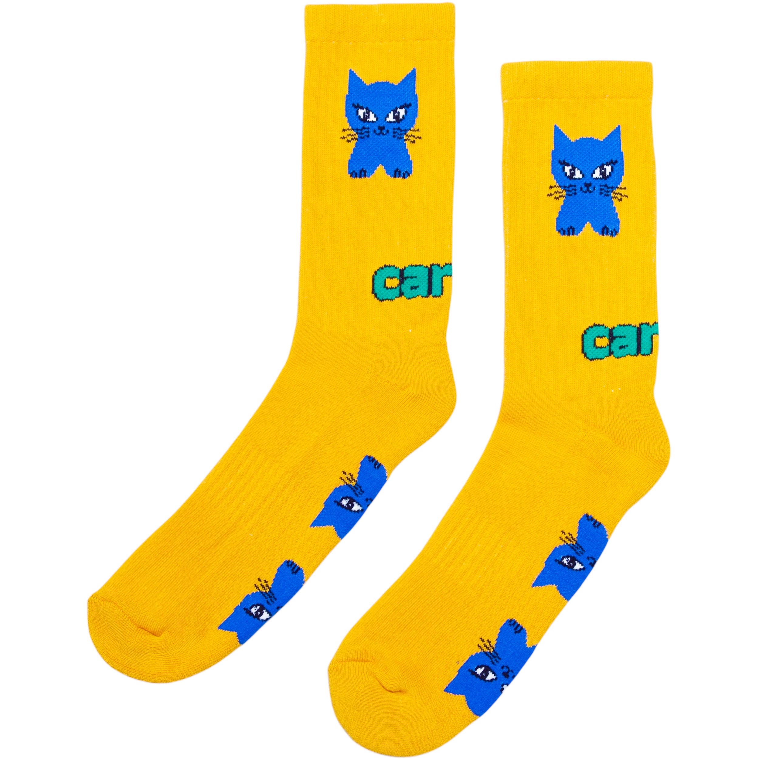 Yellow socks with blue cat illustrations and 'Carnival' text on a white background