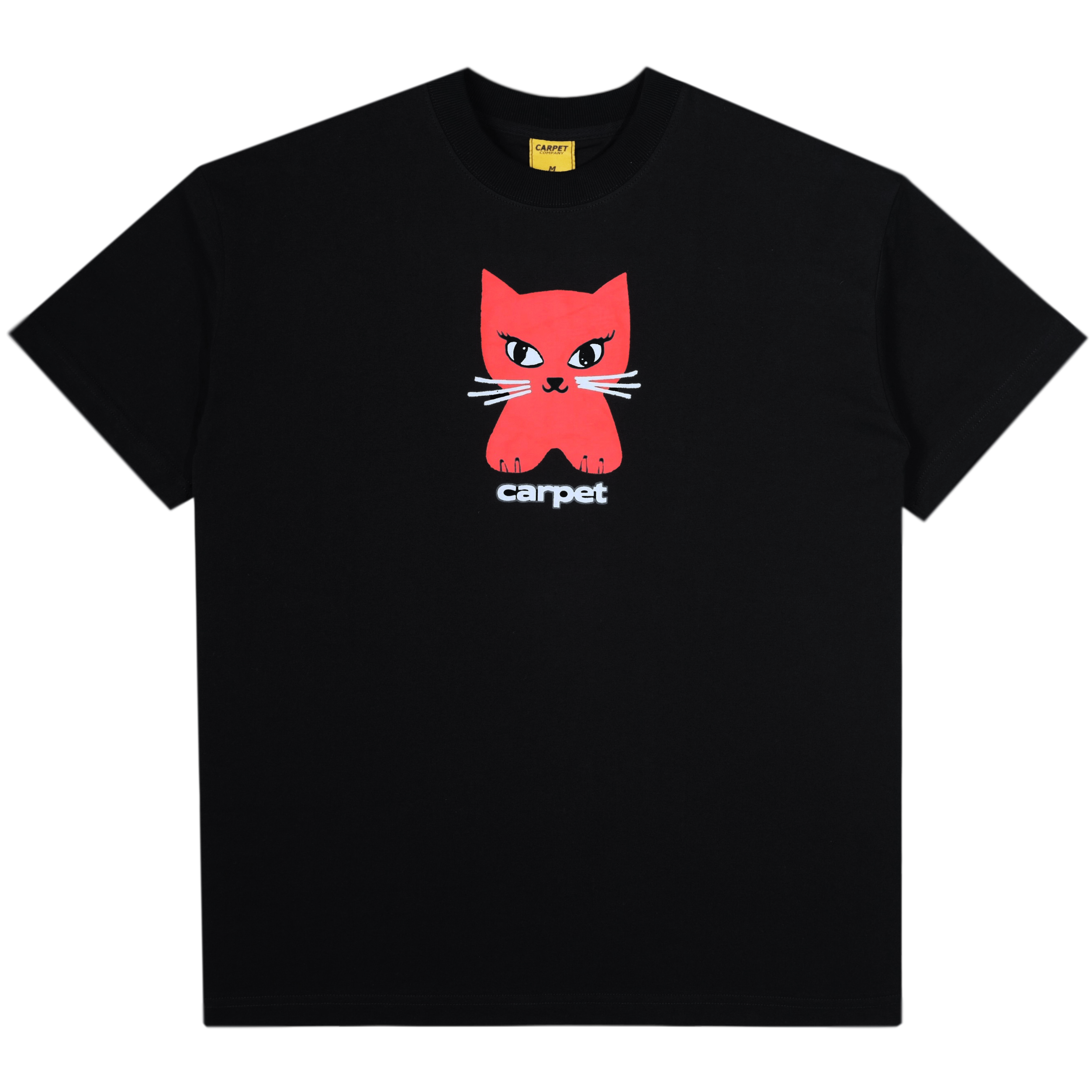 black tshirt with a hild like drawing of a red cat