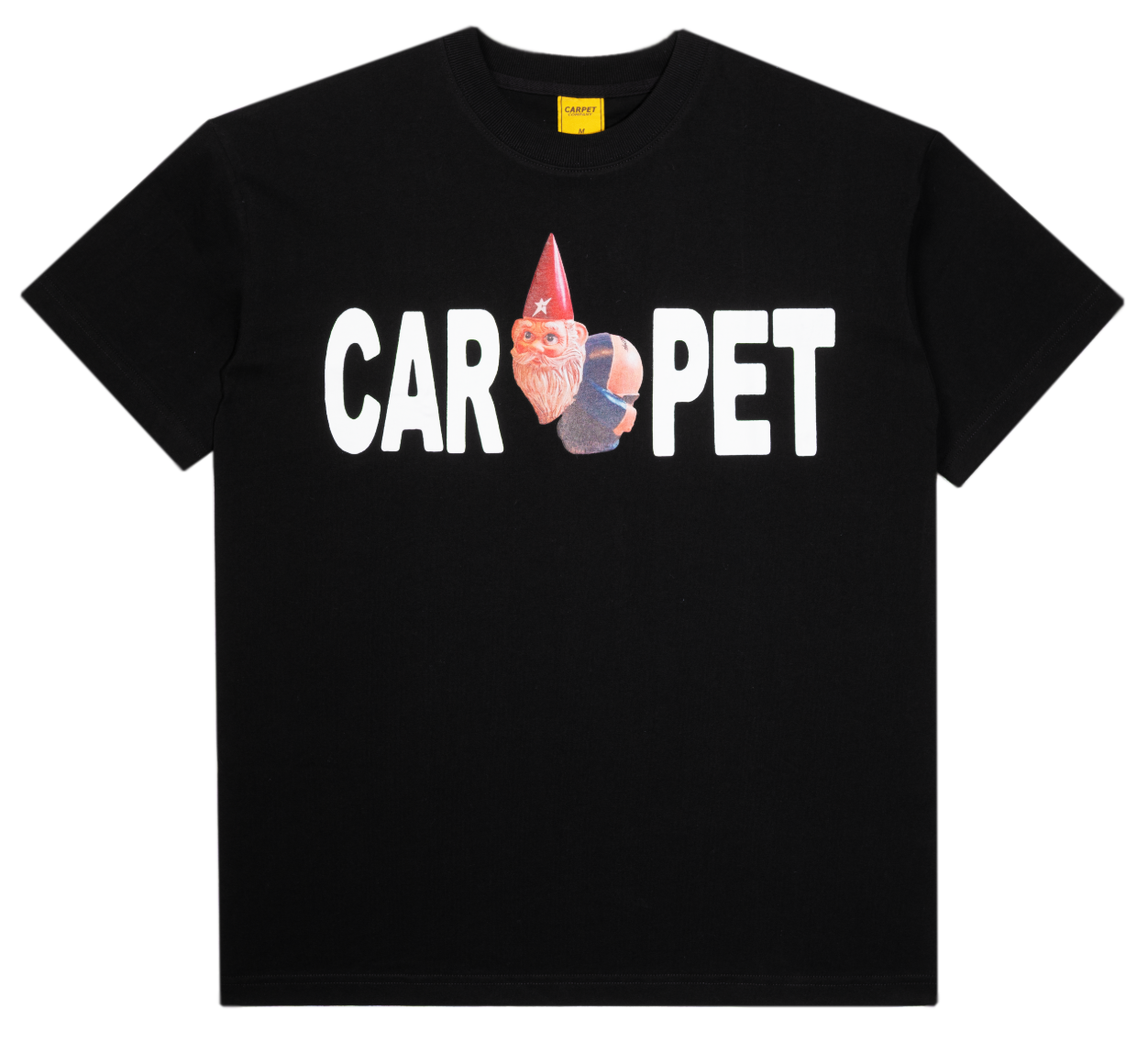 Black t-shirt with 'CAR PET' text and cartoon character on a white background