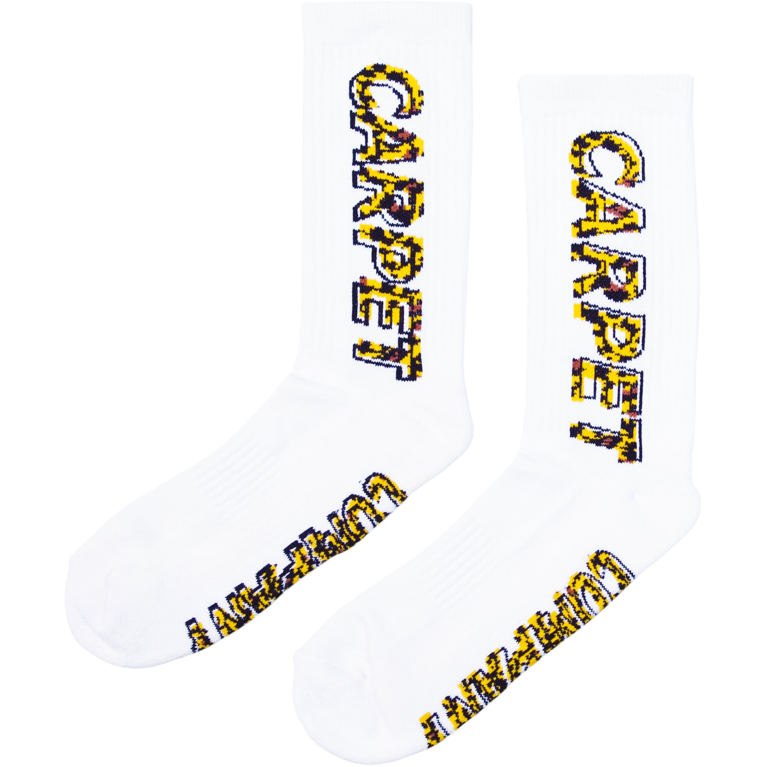 White socks with 'CARPET' text in yellow and black on a white background