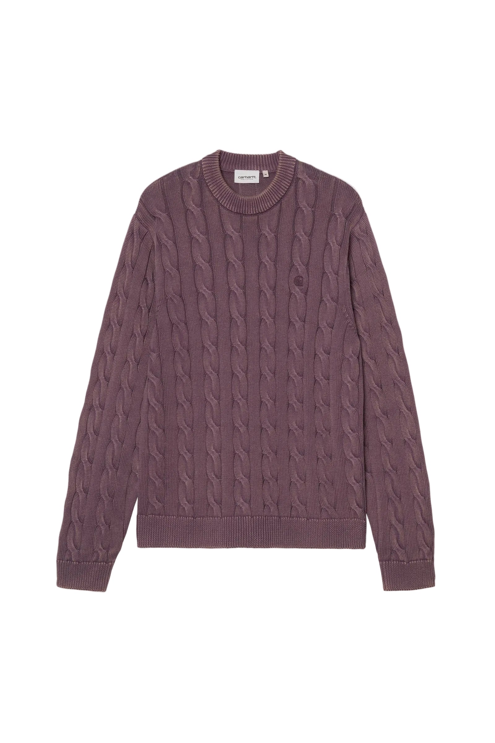 Purple cable knit sweater on a light purple background
