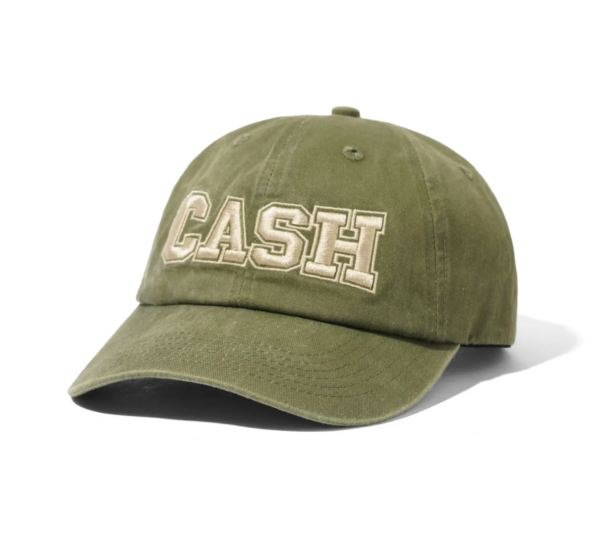 Green cap with 'CASH' embroidery on a white background