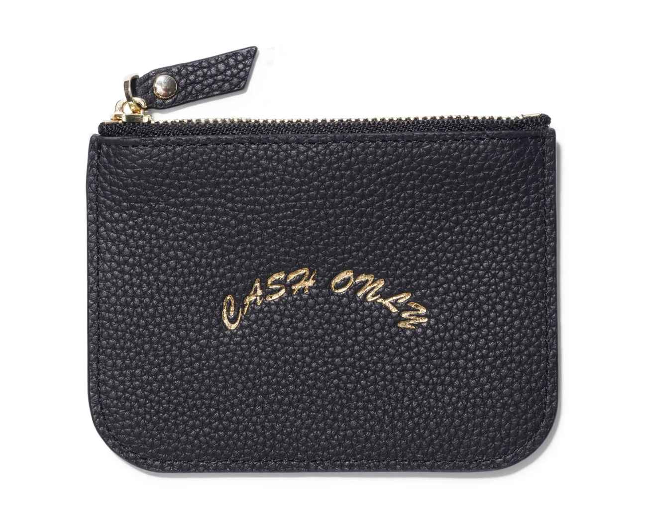 Black textured pouch with 'Cash Only' embroidery on a white background