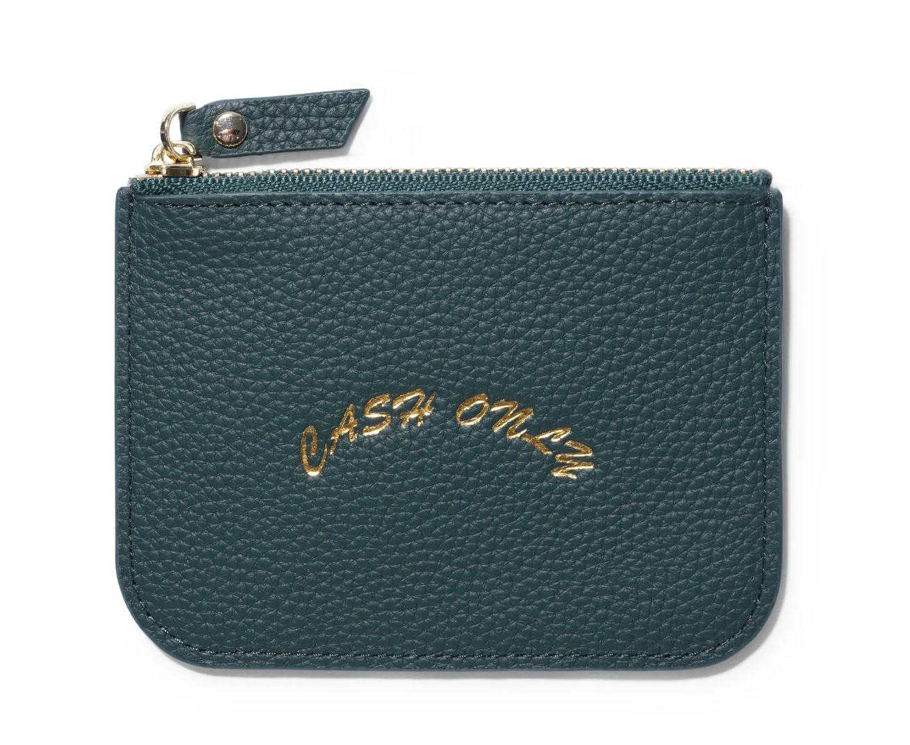Green leather pouch with 'Casa Omnia' embroidery on a white background