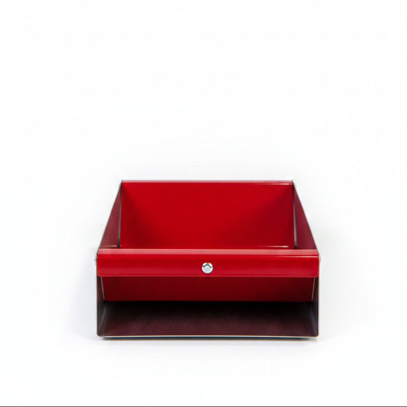 A modern open-top storage tray or drawer with a glossy red interior and matte dark gray exterior, shown on a dark gray surface against a white background.