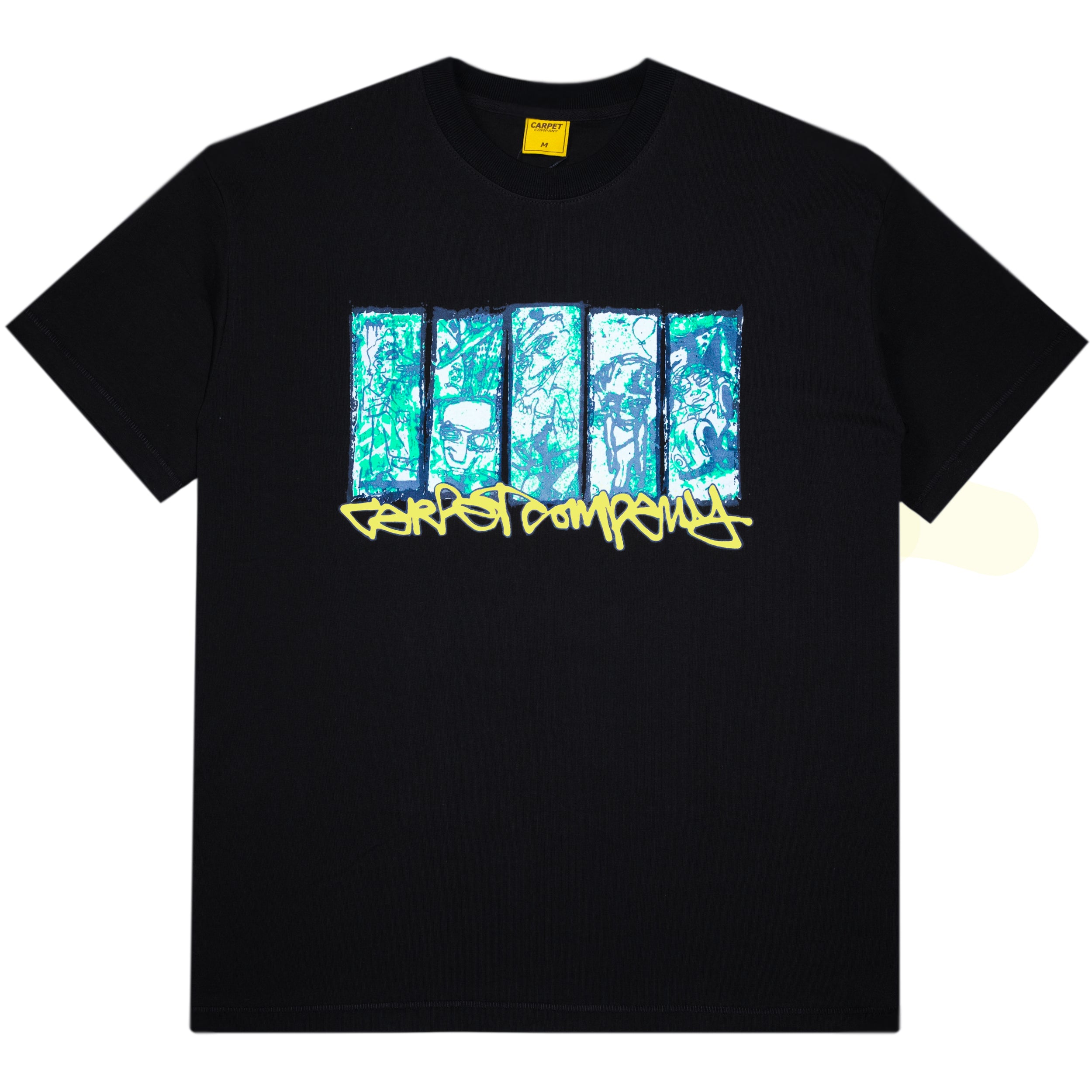 Black t-shirt with blue graphic design and yellow text on a white background
