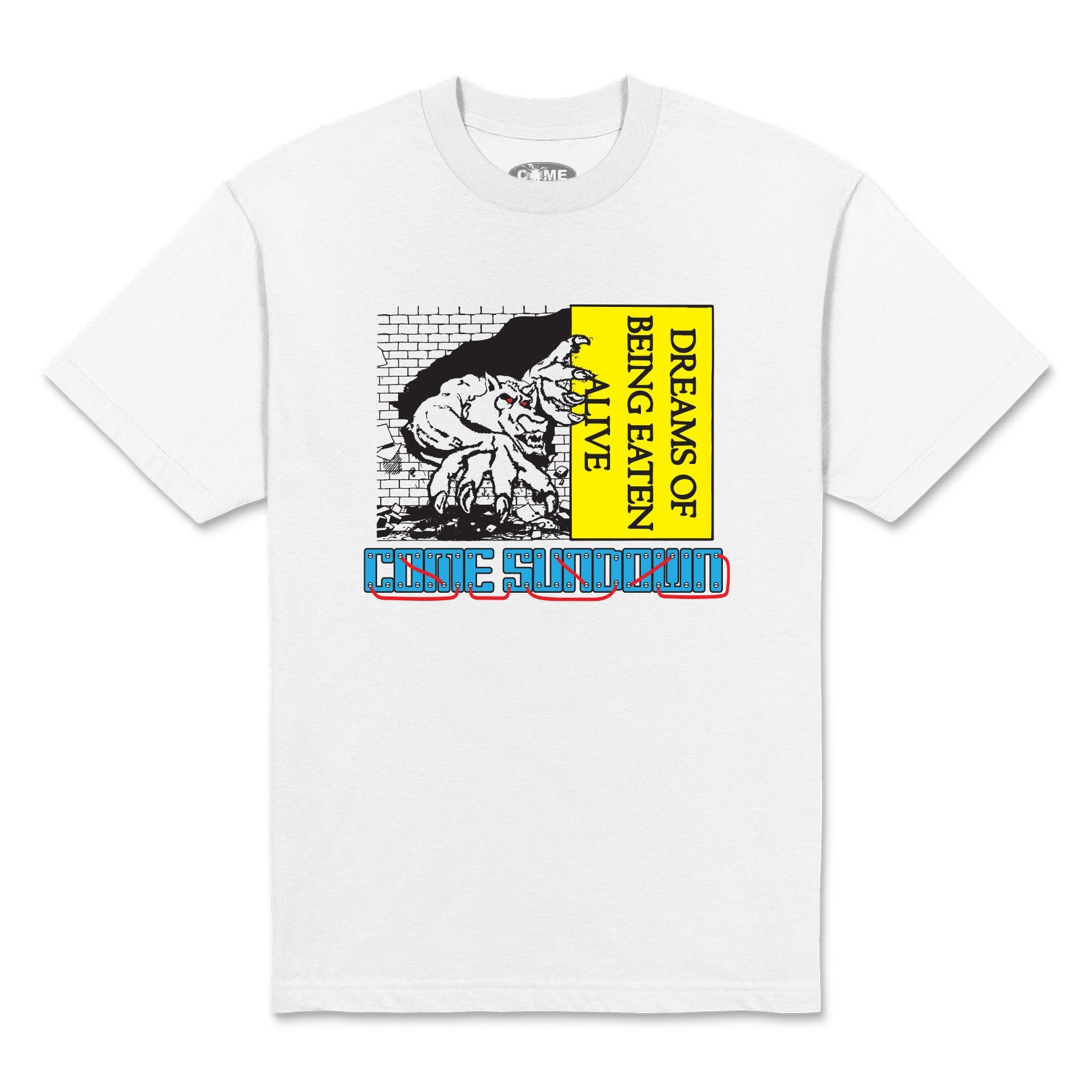White t-shirt with graphic design and text on a white background