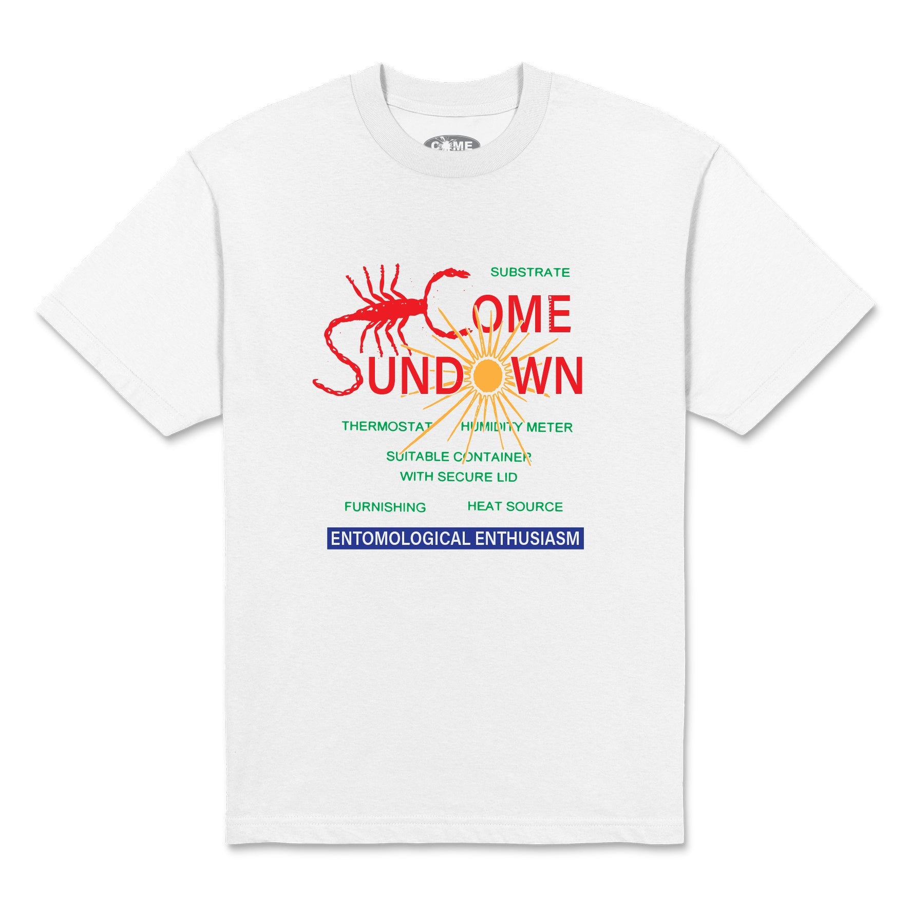 White t-shirt with colorful graphic design on a white background