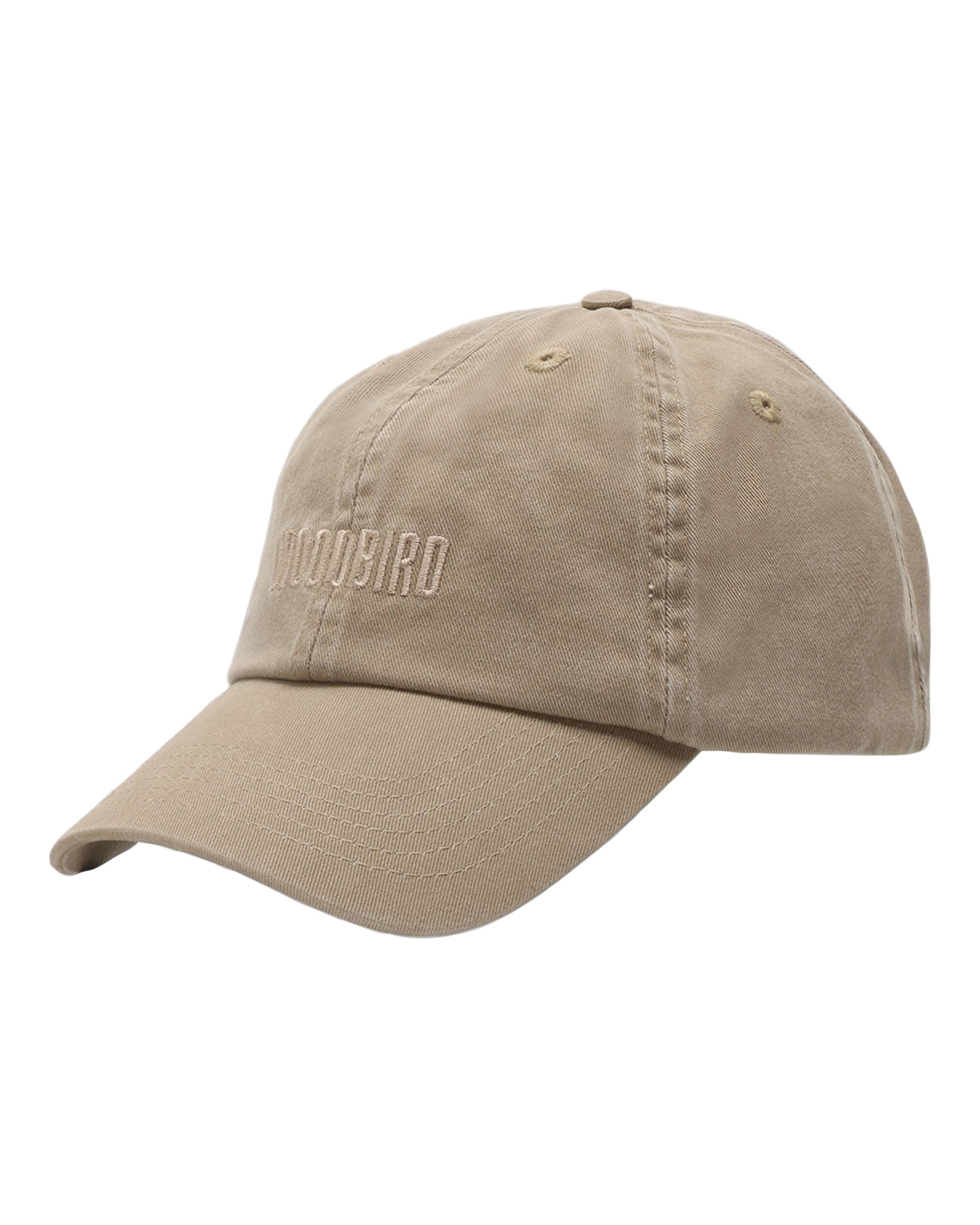 Beige cap with a brand logo on a white background