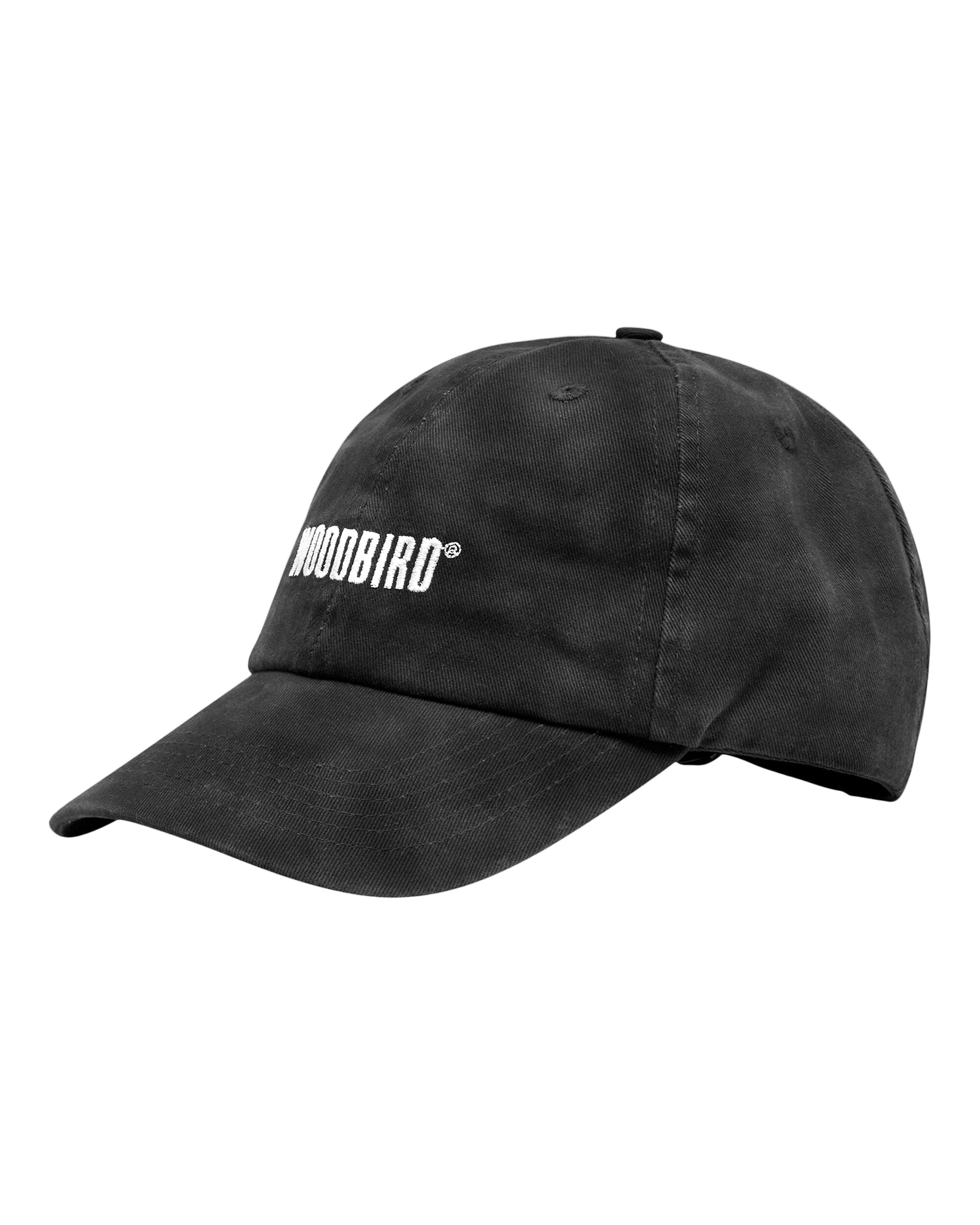 Black cap with 'Woodbird' logo on a white background