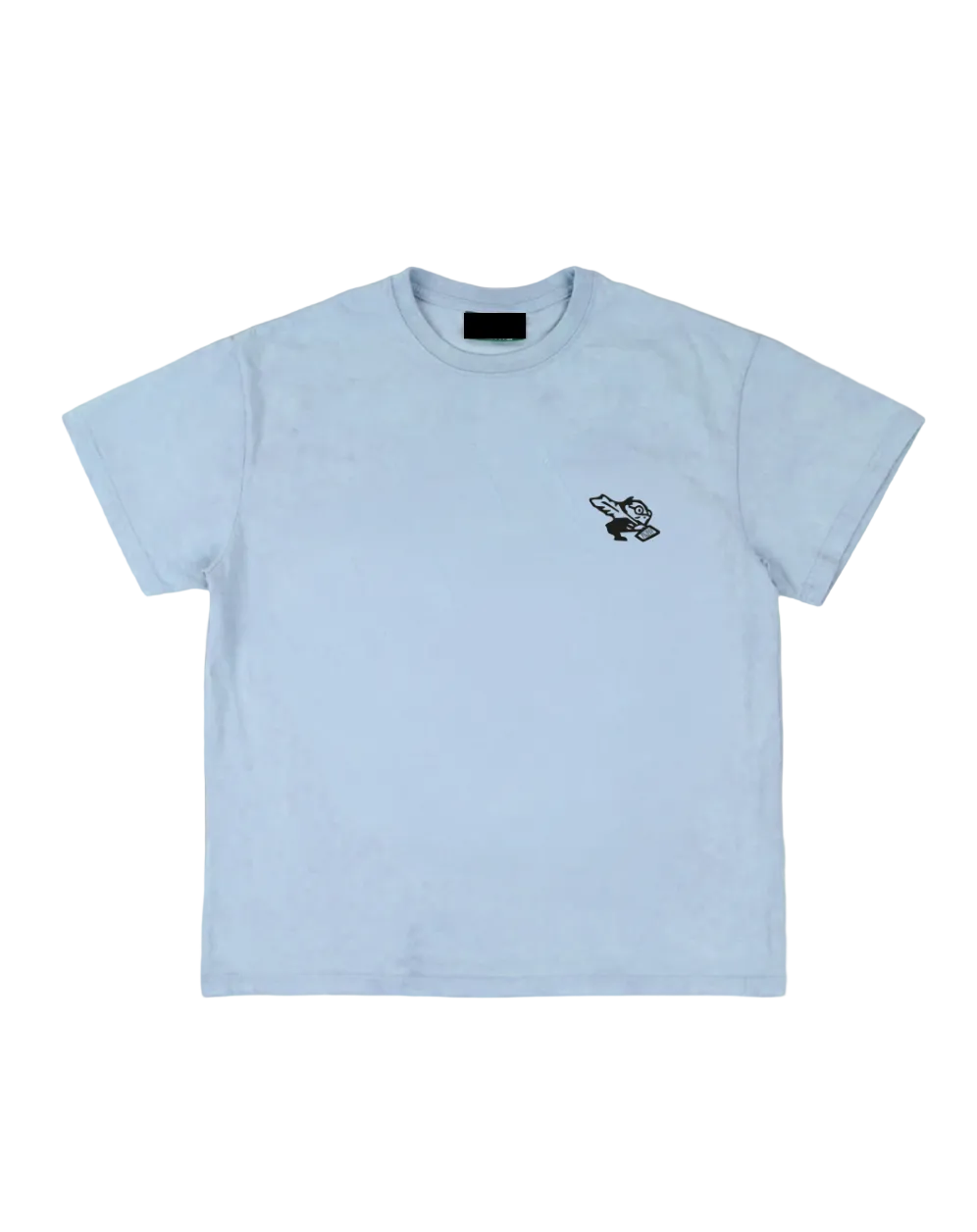 Light blue t-shirt with a small black logo on a gray background
