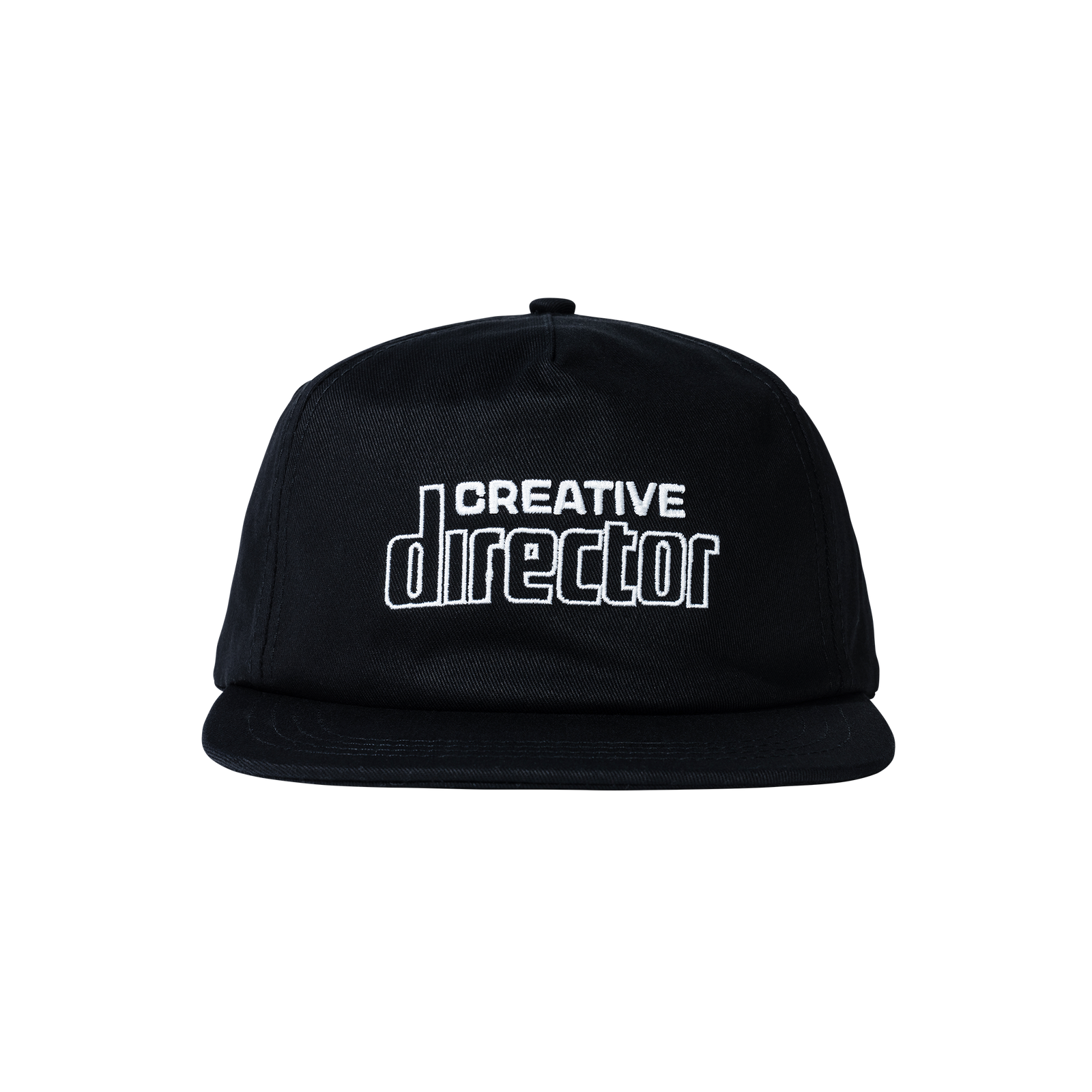 Black cap with 'CREATIVE DIRECTOR' text on a white background