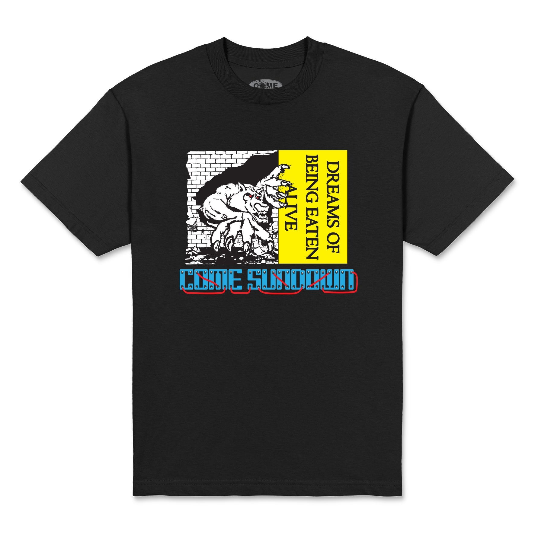 Black t-shirt with graphic design and text on a white background
