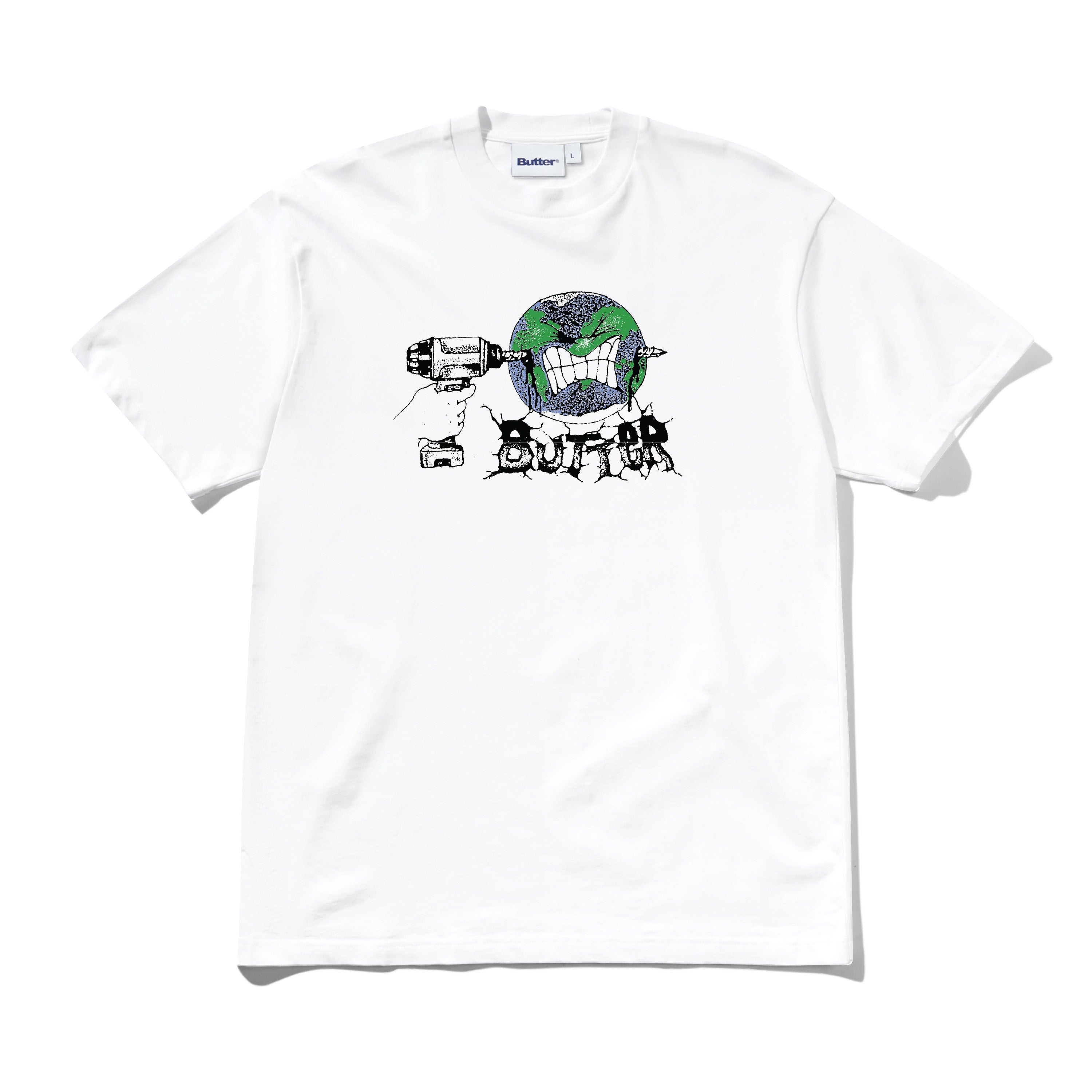 White butter goods t-shirt with graphic design of the planet and brand logo on a white background