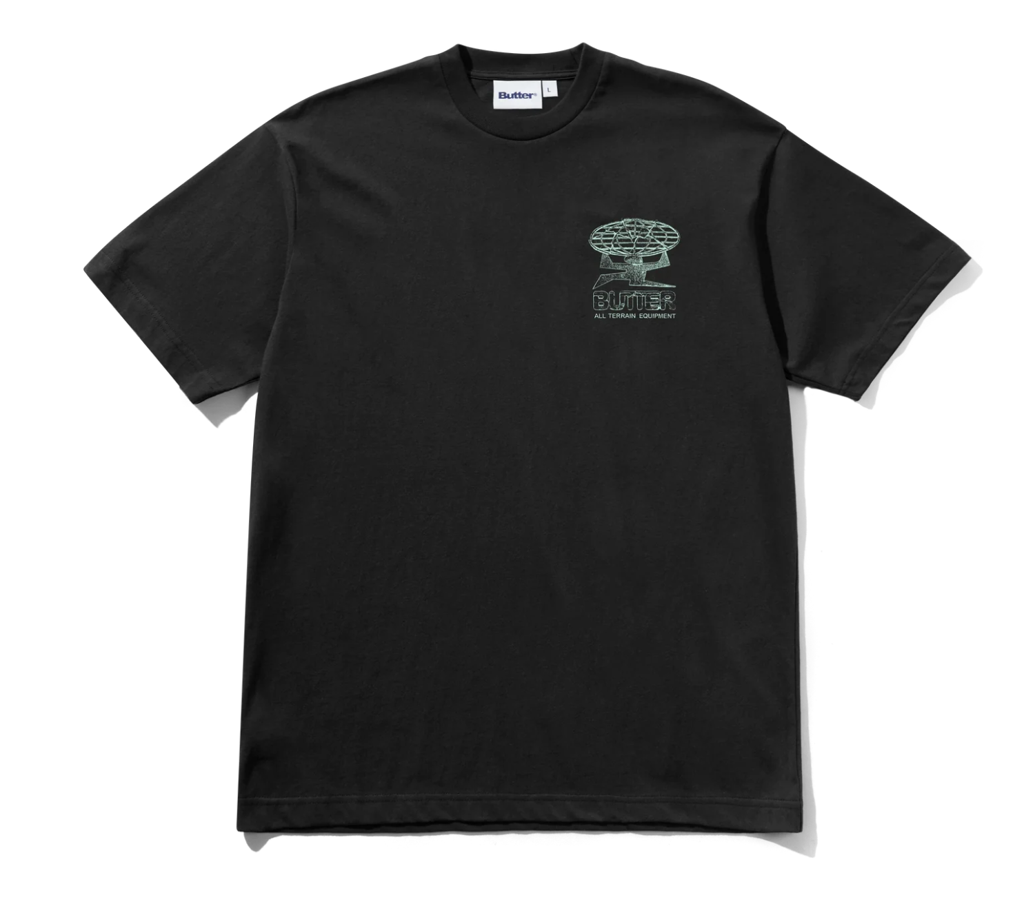 A black short-sleeve crewneck t-shirt with a small light green graphic on the left chest, displayed flat against a white background.
