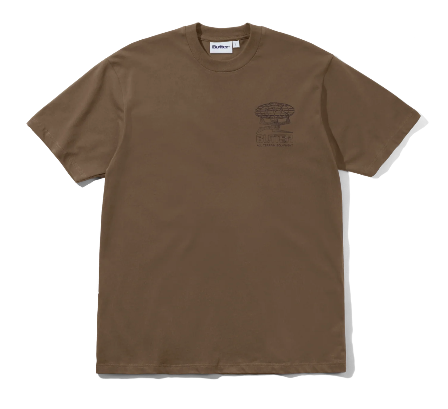 A brown short-sleeve crewneck t-shirt with a small dark brown graphic on the left chest, displayed flat against a white background.
