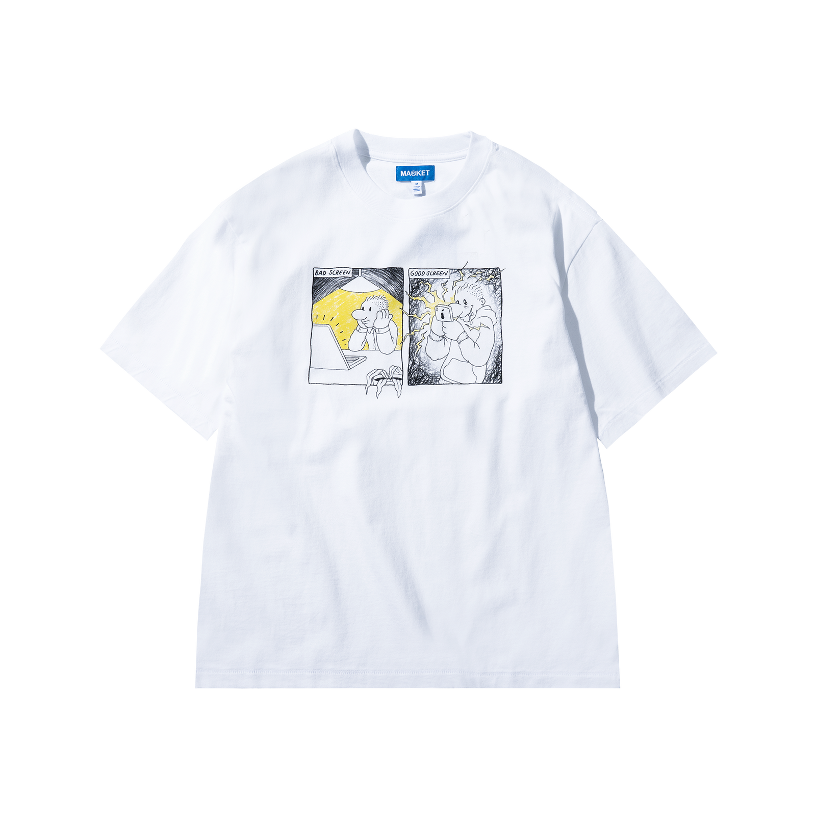 White t-shirt with graphic design on a white background