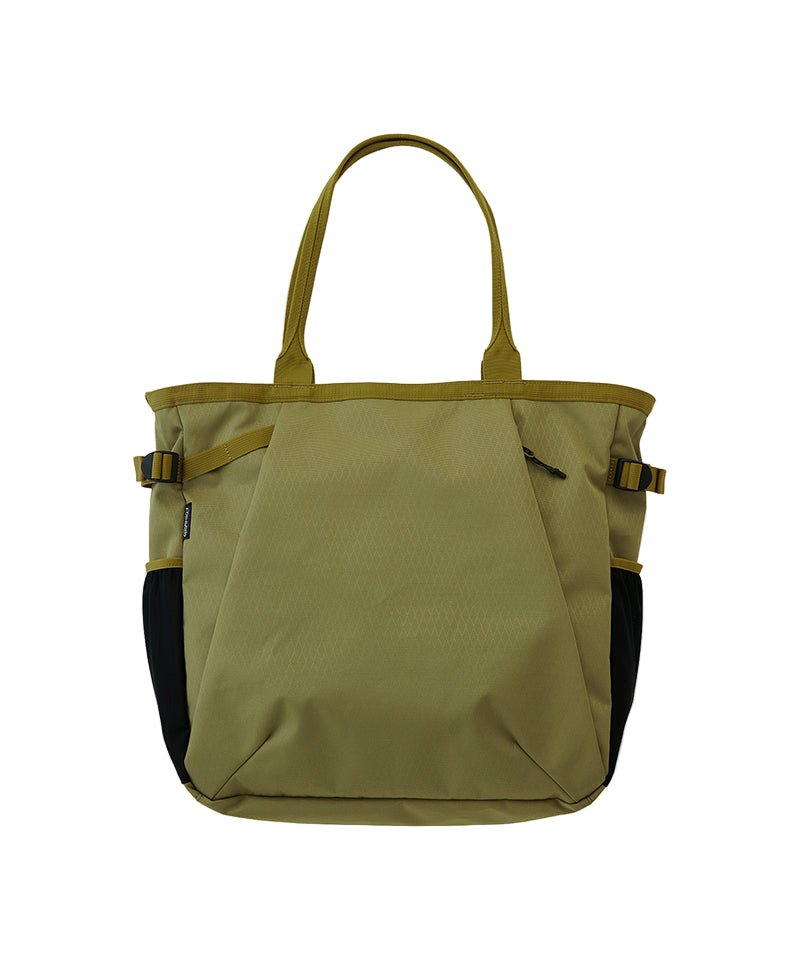 Green tote bag with black accents on a white background