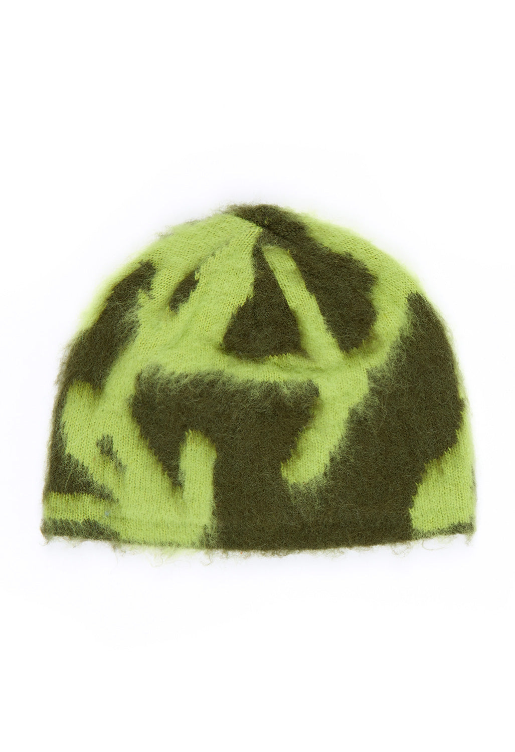 Green and black camouflage-patterned beanie on a white background