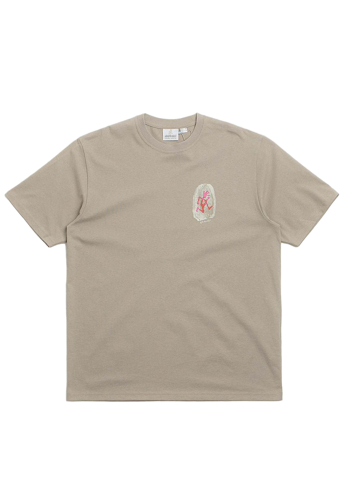 Beige t-shirt with a small graphic on the chest against a white background